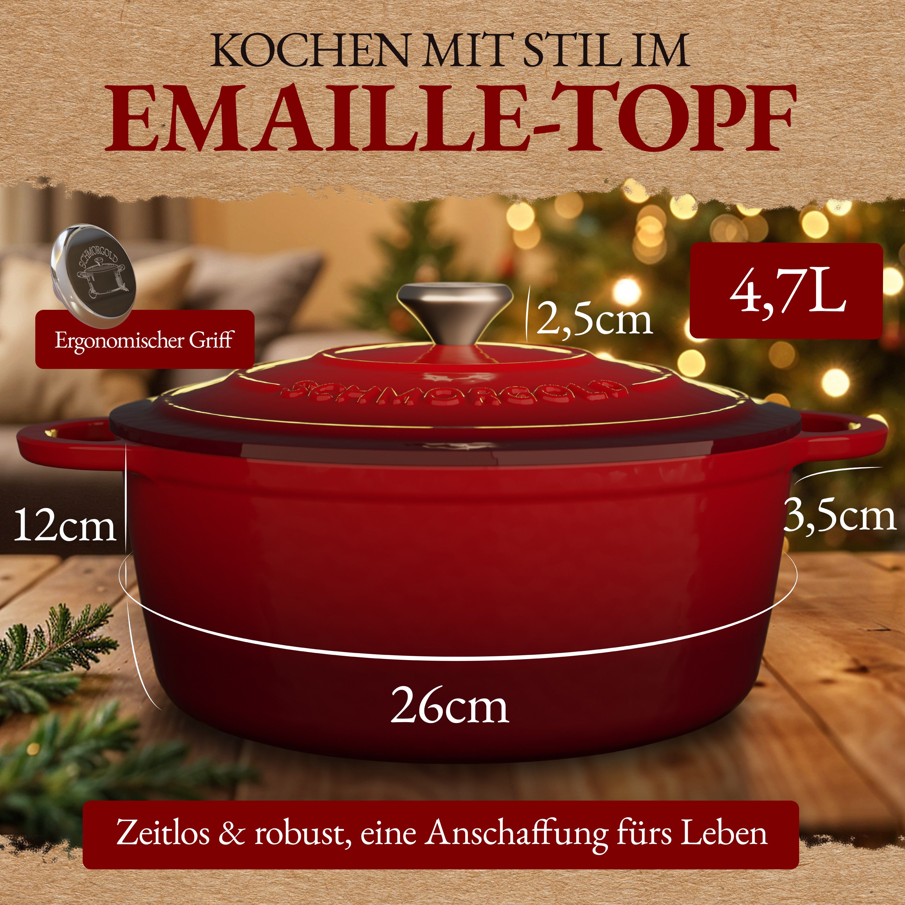 Schmorgold Bräter SCHMORGOLD Gusseisen Topf Emailliert 26cm - Schmortopf mit Deckel, Emailliertes Gusseisen, Emaillierter Schmortopf für alle Herdarten inkl. Induktion