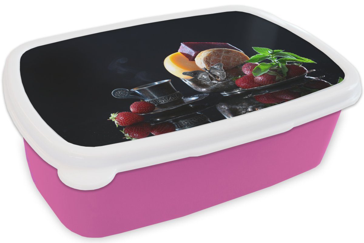 MuchoWow Lunchbox Snackbox, Brotbox - Rustikal rosa (2-tlg), Kunststoff Brotdose Mädchen, Käse Stilleben, Obst - Kunststoff, Tisch Kinder, Erwachsene, - - für