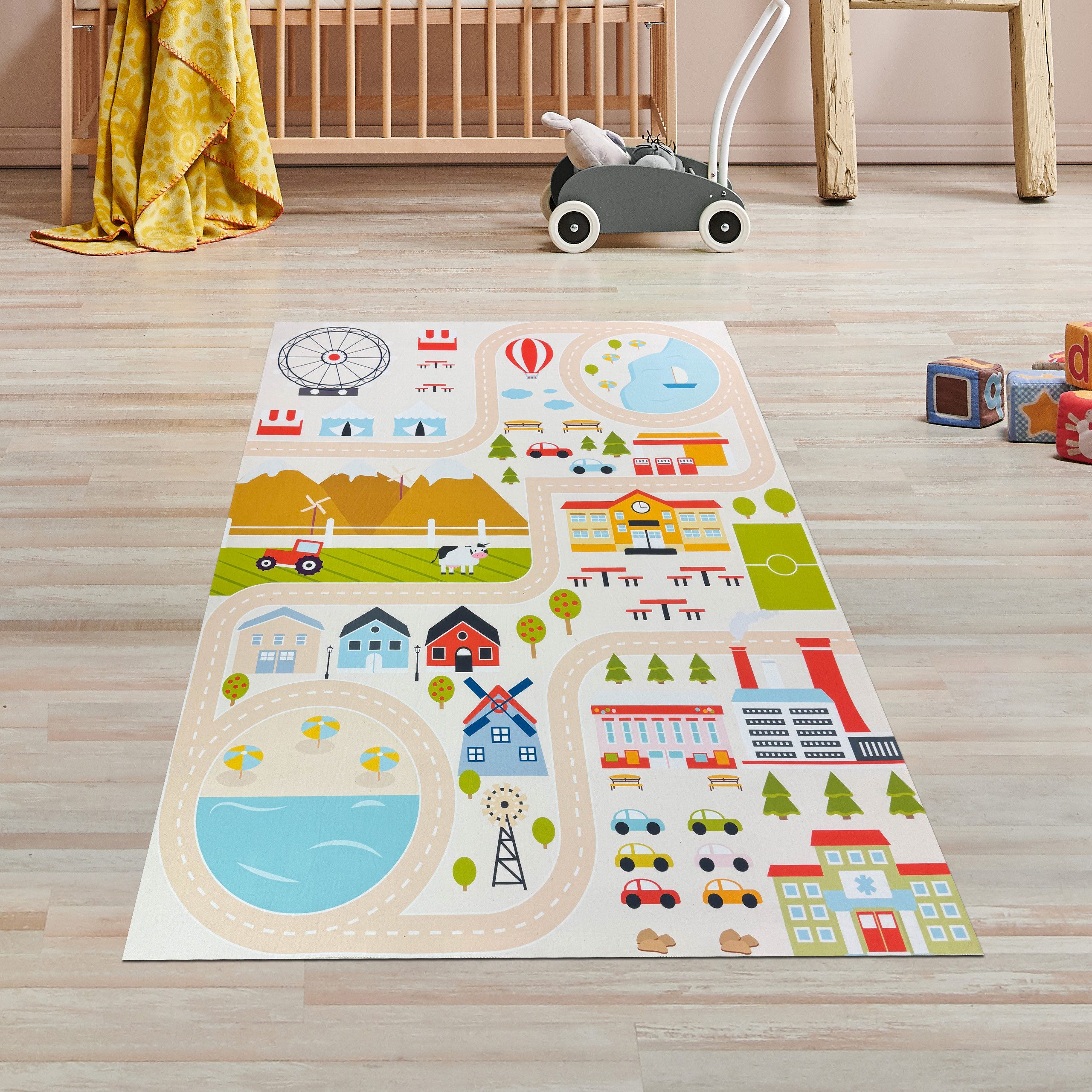 TeppichHome24 Kinderteppich Kinderzimmerteppich rutschsicher mit Städtemuster in Beige, rechteckig, Höhe: 5 mm