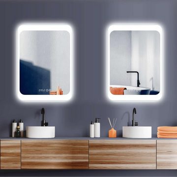HOKO Badspiegel LED Design Wandspiegel 50x70/60x80cm+Digital Uhr+LED Wechsel (Warmweiß - Kaltweiß - Neutral. Licht mit Touch Schalter und mit Wandschalter einschaltbar. Memory-Funktion.IP44, 5mm HD Glass)