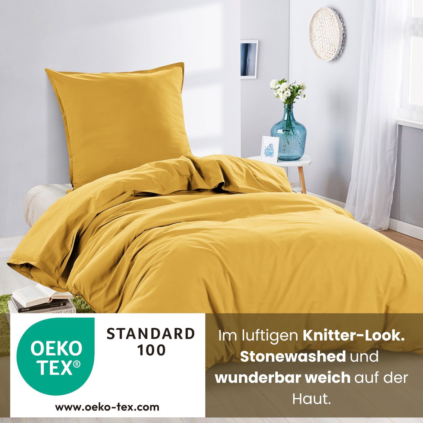 wometo Bettwäsche Stone Washed 135x200 Renforcé, Baumwolle, 2 teilig, OEKO-TEX®, 100% Baumwolle, Bettwäsche im Knitterlook mit Stehsaum – Bild 4 von 5