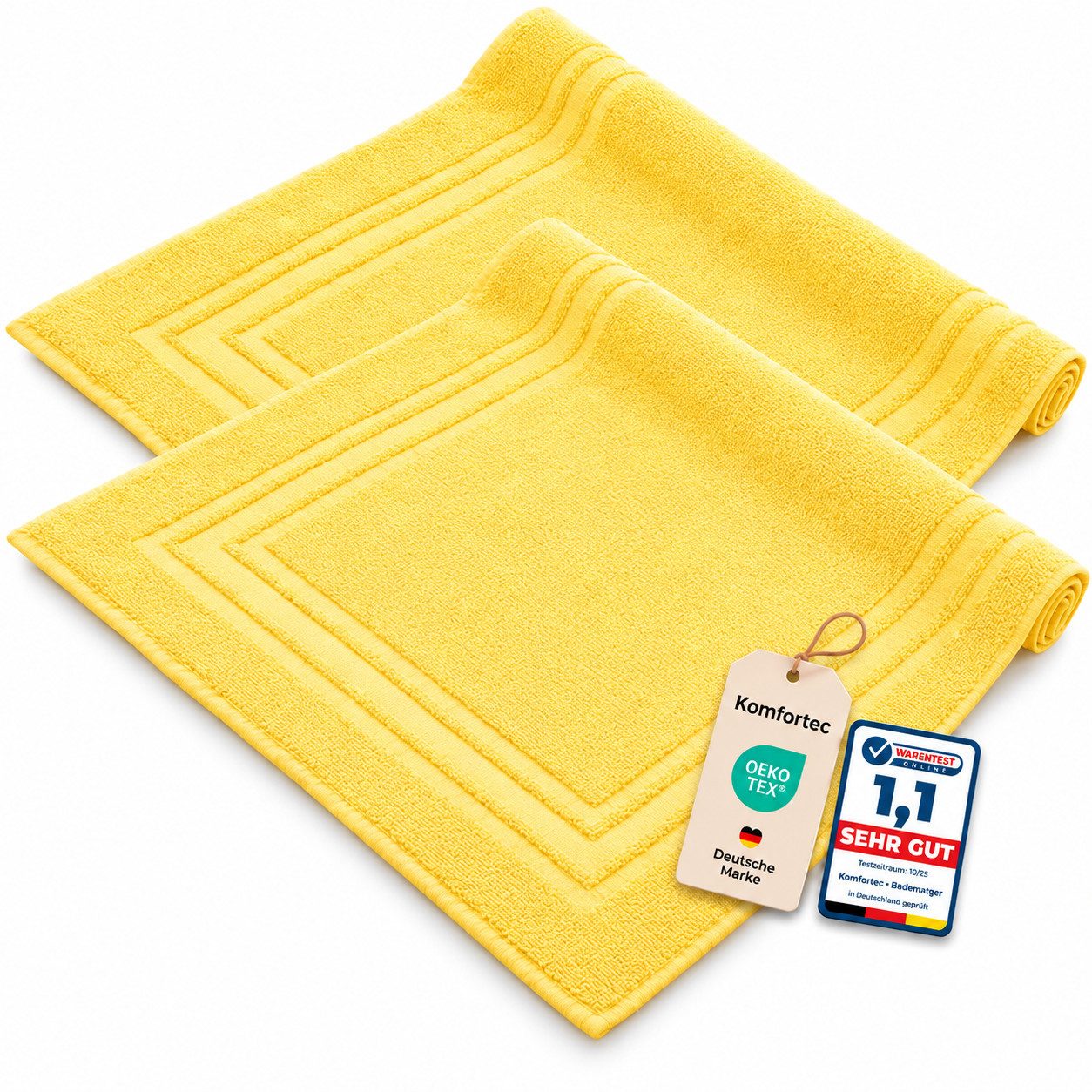 Komfortec Badematte 2er Badetuch Set aus 100% Baumwolle 50x70 cm Extra Weich & Saugstark, Rechteckig, 600 g/m²