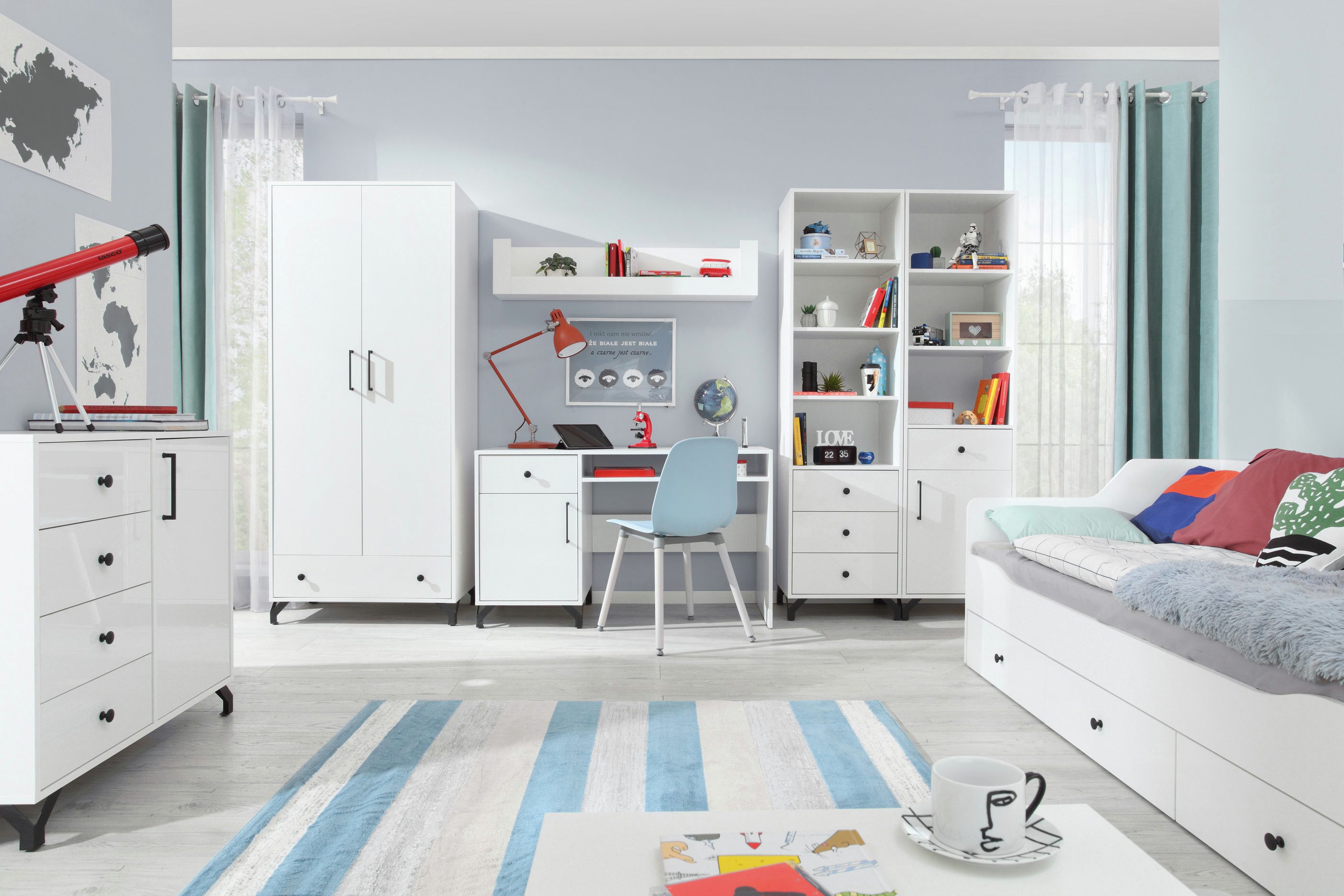 möbel-direkt.de Jugendzimmer-Set Hemma in Weiß Hochglanz, (Komplett Set, 1-tlg., in verschiedenen Varianten oder als Einzelmöbel wählbar), Weiß Hochglanz-Fronten mit ABS-Kanten und schwarzen Metallgriffen