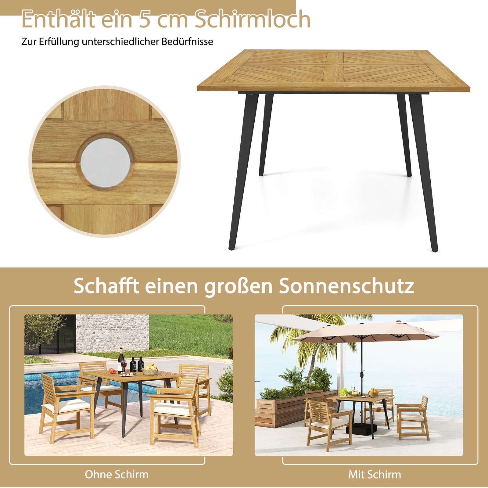COSTWAY Gartentisch, Akazienholz mit Schirmloch, 107x107cm günstig online kaufen