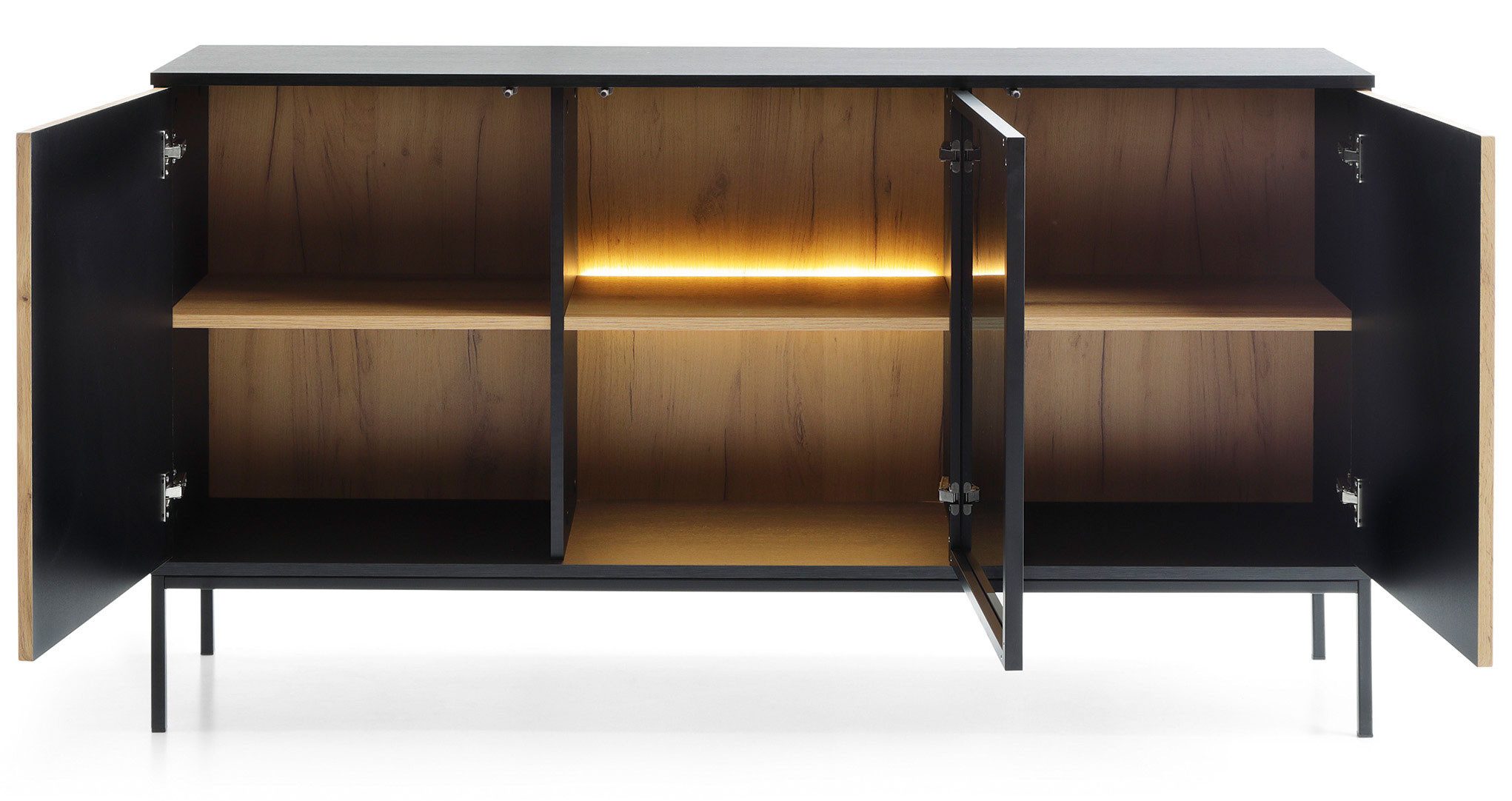 Feldmann-Wohnen Kommode Sento (3 Türen, innen je 1 Boden, mit Glaseinsatz & Push to open Funktion, 1 St., Grifflos, mit LED Beleuchtung, Fronten mit geriffelten Muster), 154x39x83cm schwarz / Wotan Eiche, Mitteldichte Faserplatte