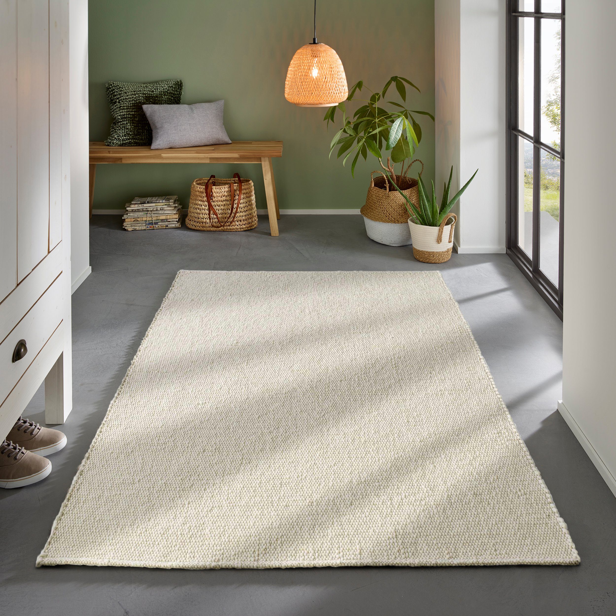 TaCa Home Wollteppich Gewalkter Handweb Woll-Teppich, rechteckig, Höhe: 8 mm, nachhaltige Schurwolle Wohnzimmer Schlafzimmer, Weiß - 130 x 190 cm