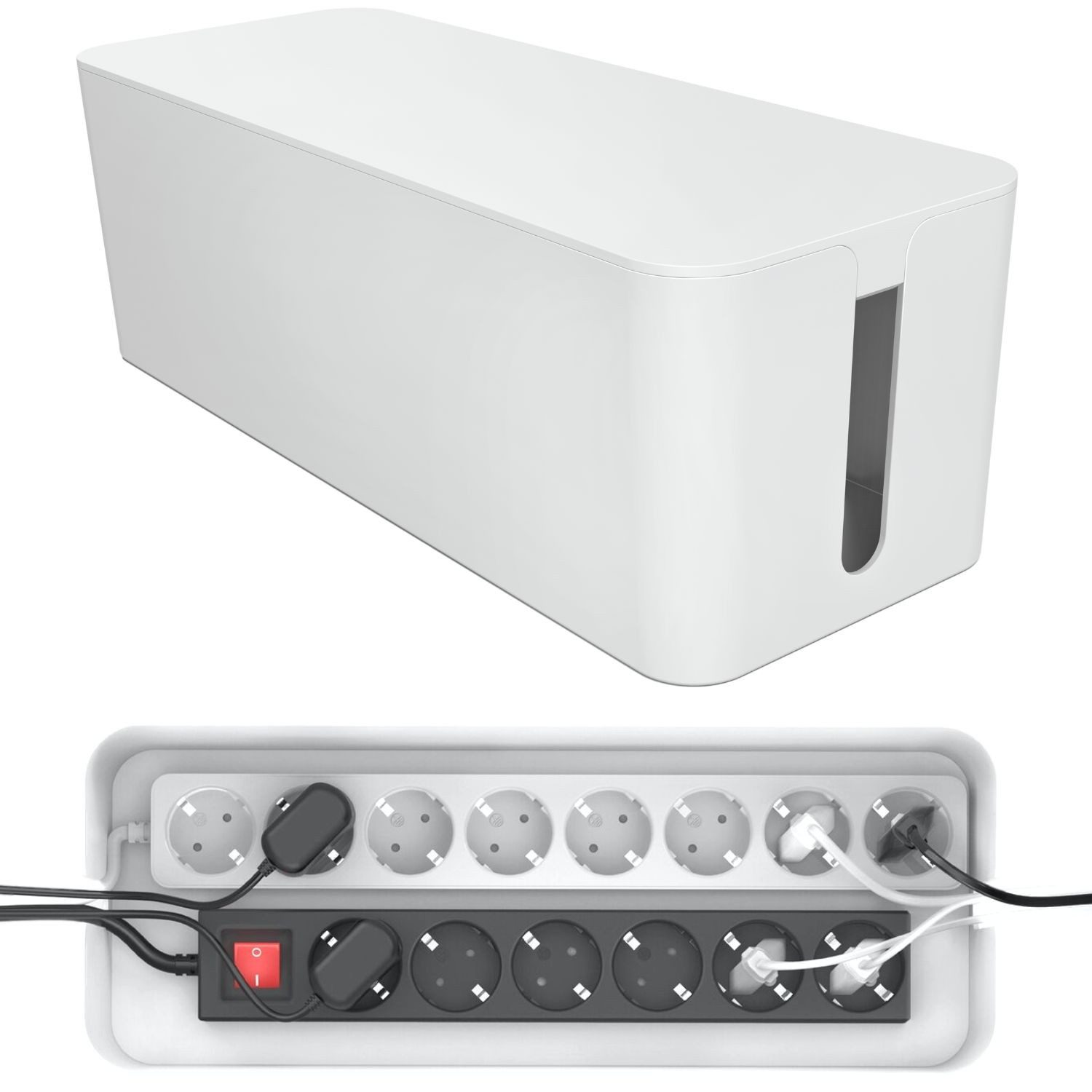 Pazzimo Kabelbox Design Kabelbox Kabelmanager Ladebox Box Weiß, (1x Kabelbox, Aufbewahrung), Kabel-Organizer Strom Ladestation für Zuhause TV PC Büro Schreibtisch