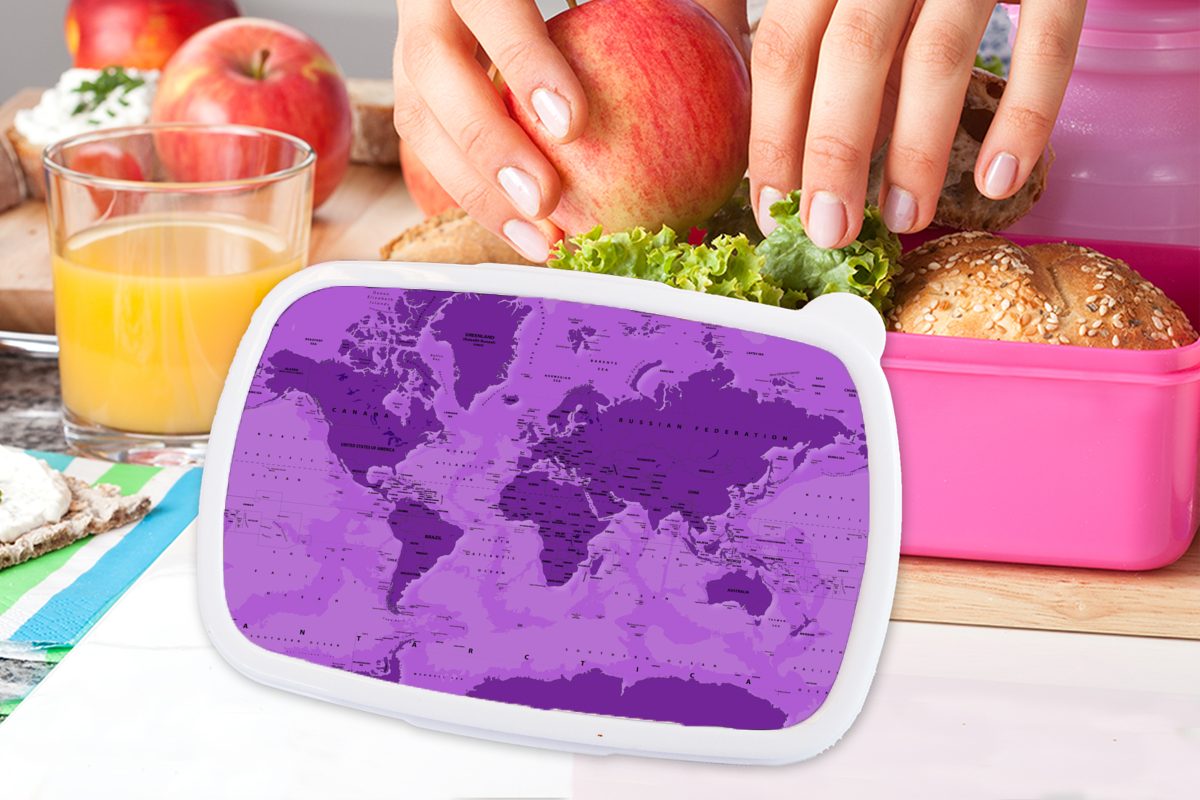 Snackbox, Kinder, Kunststoff, Brotdose MuchoWow (2-tlg), Stabil rosa - - Brotbox Grün, für Erwachsene, Mädchen, Kunststoff Weltkarte Lunchbox