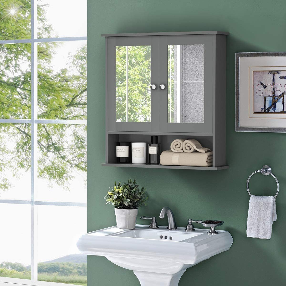 Spiegelschrank Badzimmerschrank Ablage grau COSTWAY höhenverstellbarer mit