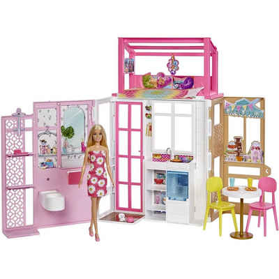 Mattel® Puppenhaus Barbie Haus und Puppe, Puppenhaus-Spielset mit 2 Ebenen komplett eingerichtet