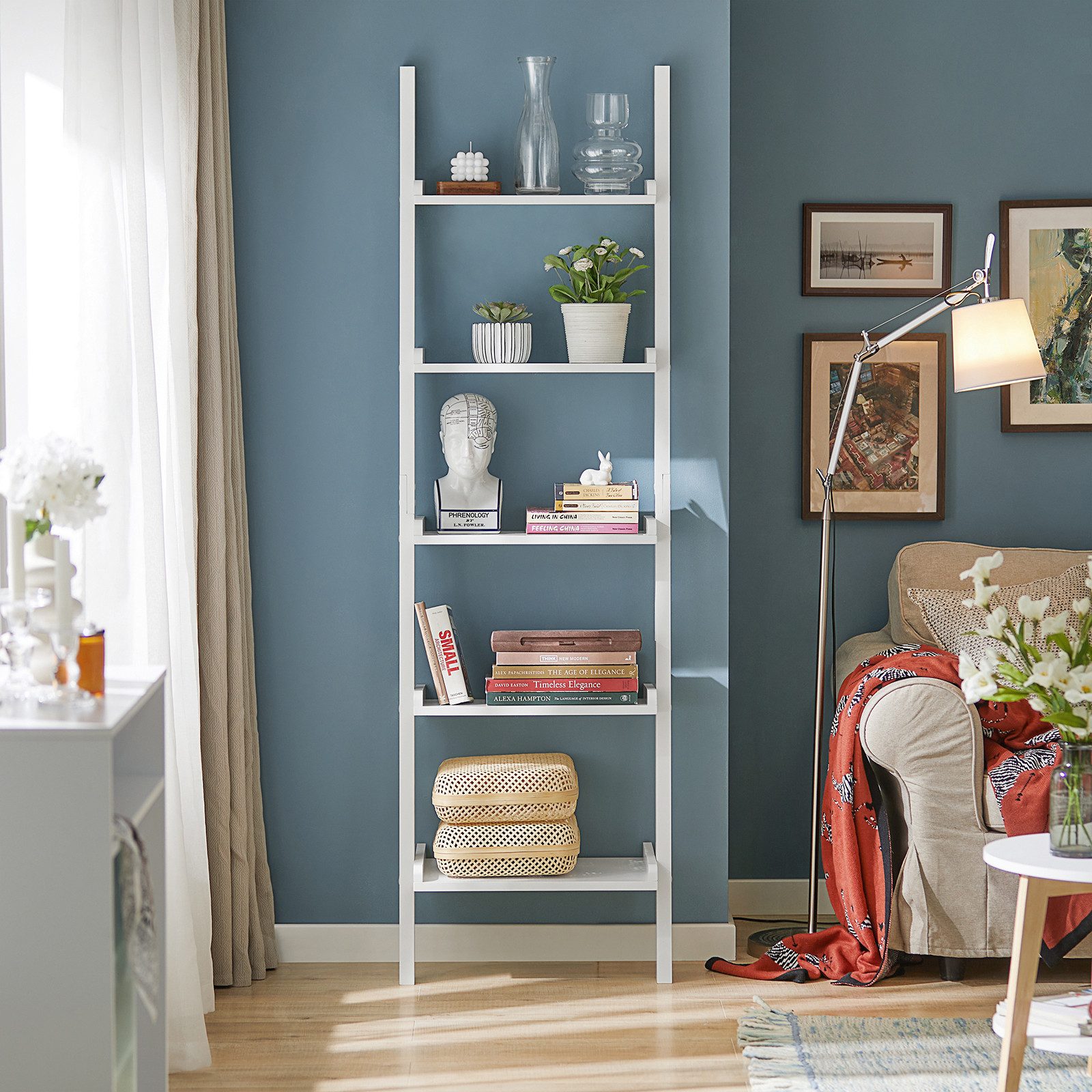 SoBuy Bücherregal DE-FRG17, Wohnzimmer, Schlafzimmer, Küche, 1-tlg, Standregal Leiterregal Badregal Wandregal mit 5 Ebenen