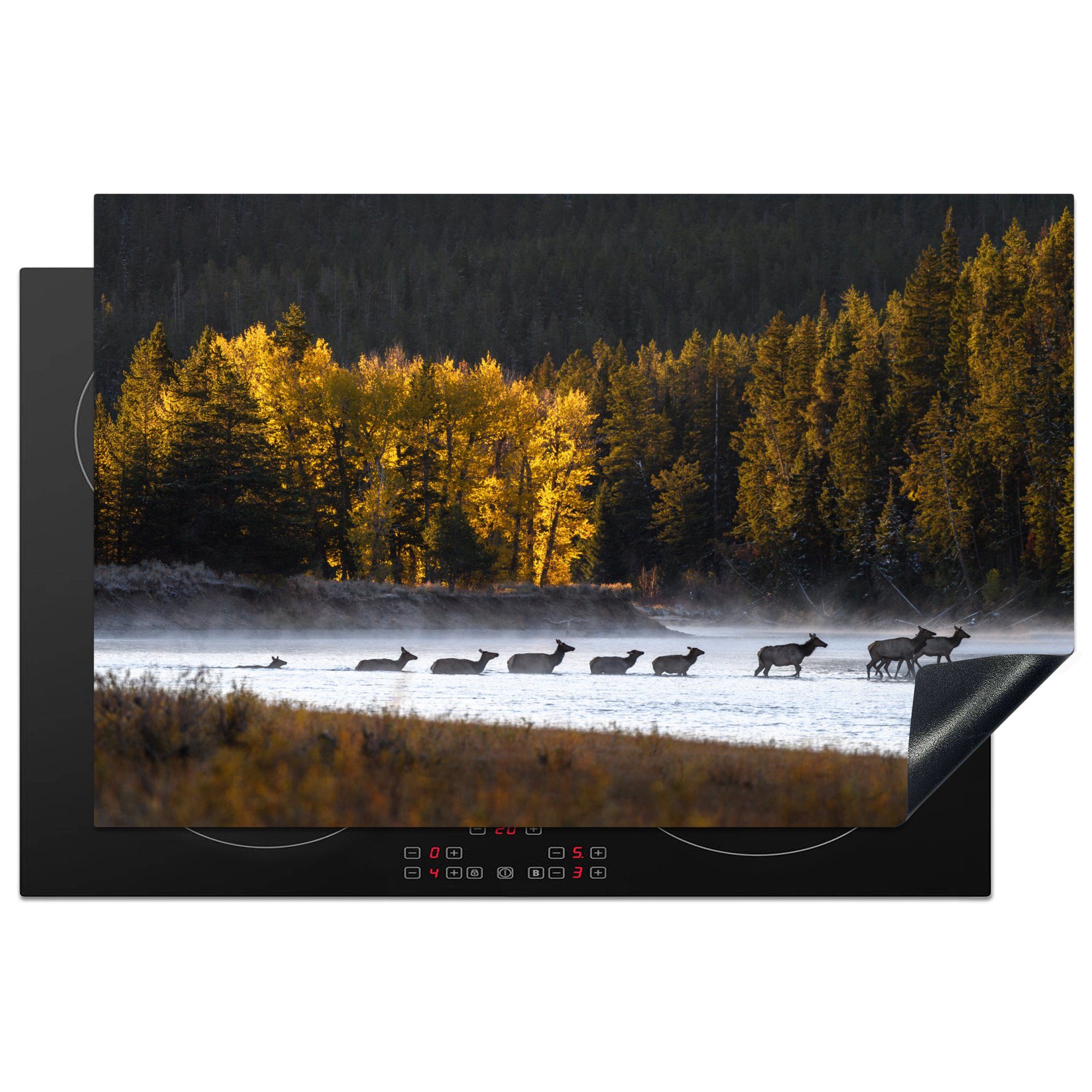 MuchoWow Herdblende-/Abdeckplatte Elch überquert Fluss in Wyoming, Vinyl, (1 tlg), 81x52 cm, Induktionskochfeld Schutz für die küche, Ceranfeldabdeckung