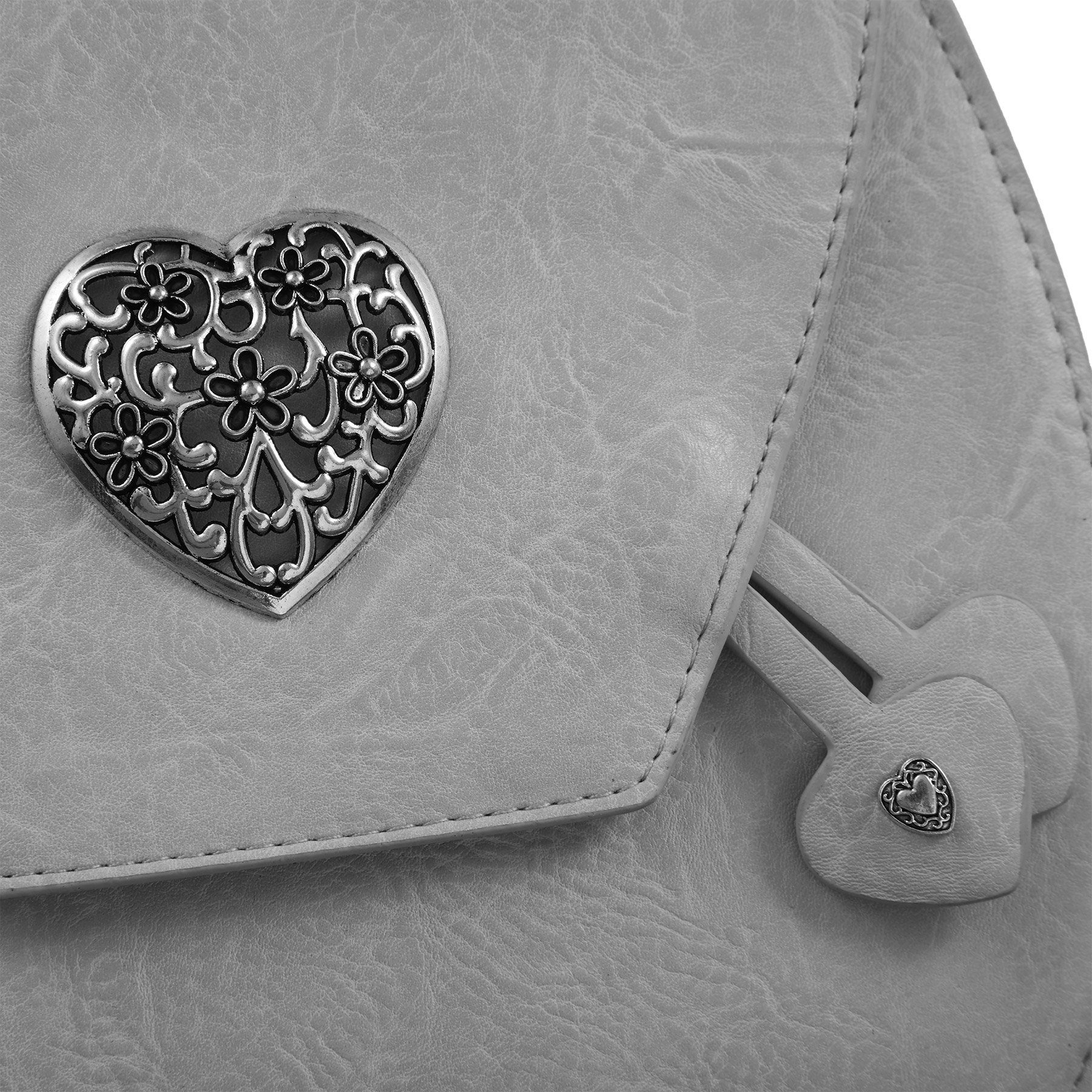 dressforfun Henkeltasche Handtasche, Innenmaß (LxBxH) ca. 14 x 6 x 21,5 cm, Gurtlänge ca. 96 (Tragetasche, Konfektionsgröße 0 in grau), Lederoptik, Metall-Herzen, Magnetknopf, Seitenfach mit Reißverschluss