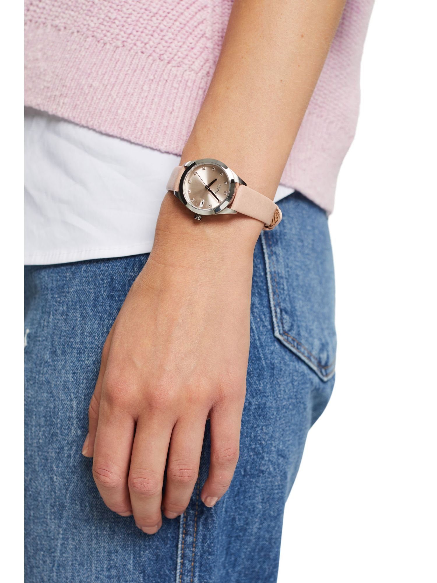Damen Uhren Esprit Quarzuhr Uhr mit Lederarmband und Datumsanzeige