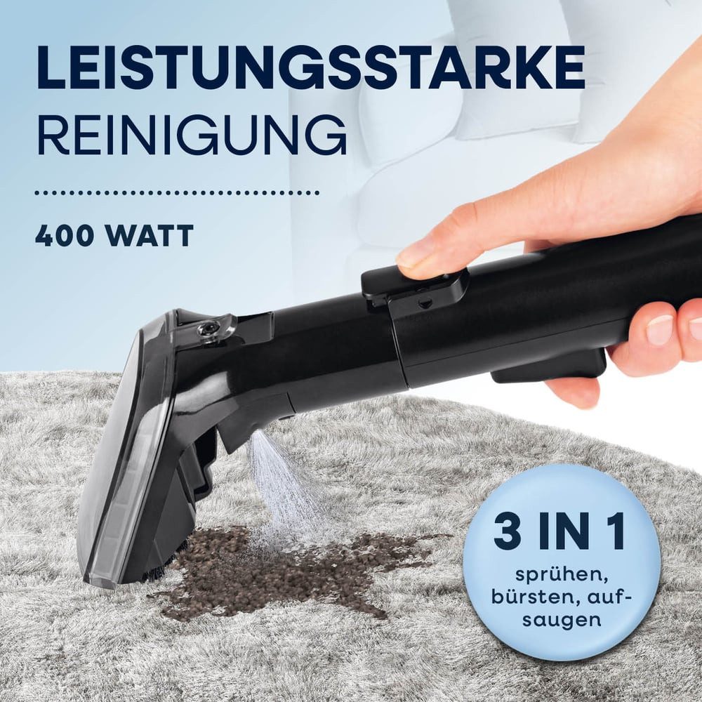 CLEANmaxx Teppichreinigungsgerät mit 2 Düsen 400 W, 400 W, beutellos, Flecken entfernen Doppeltank Nassreinigung sprühen bürsten saugen
