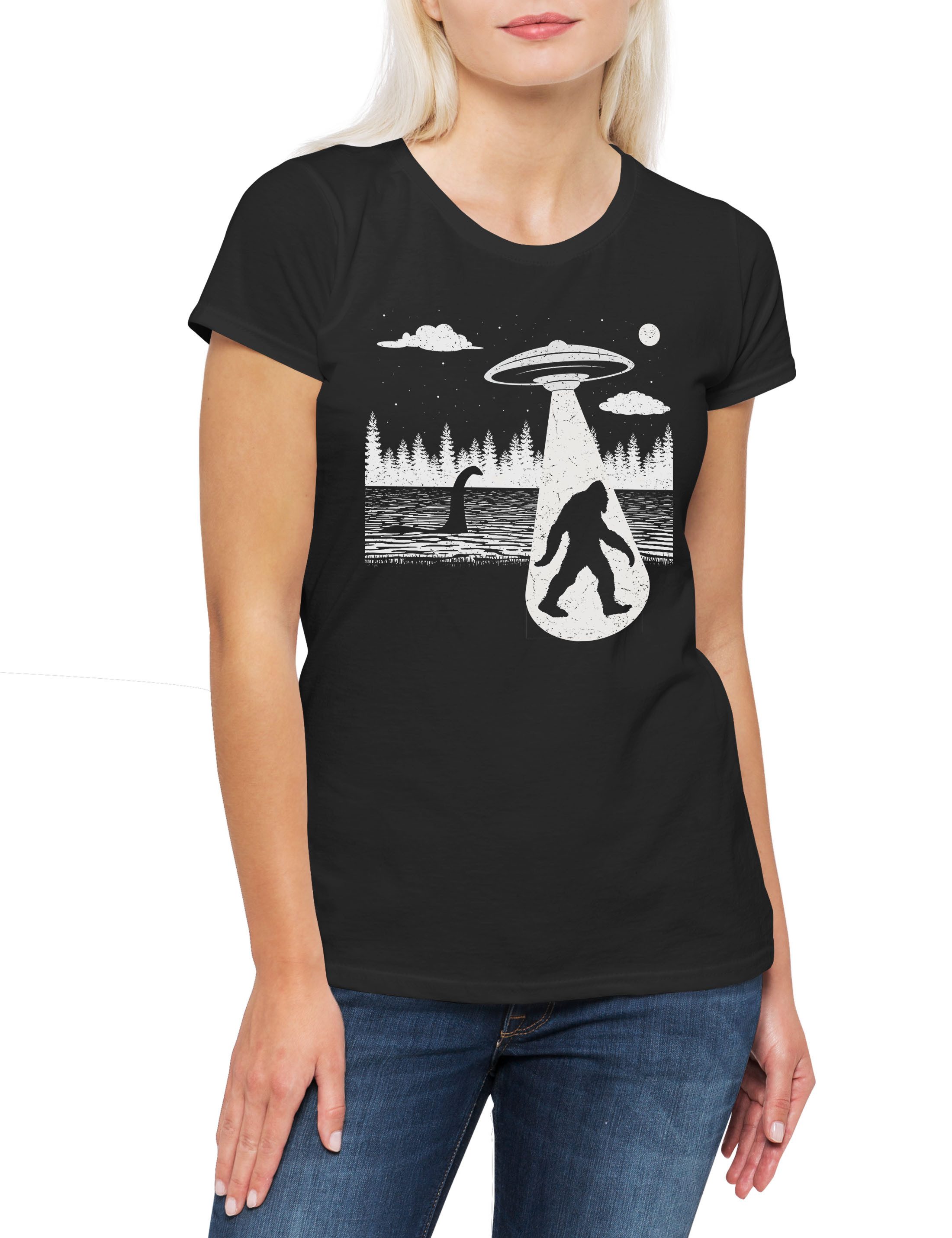 Print-Shirt Myth UFO Creatures Damen T-Shirt Alien Grey Nessie Big Sasquatch Yeti