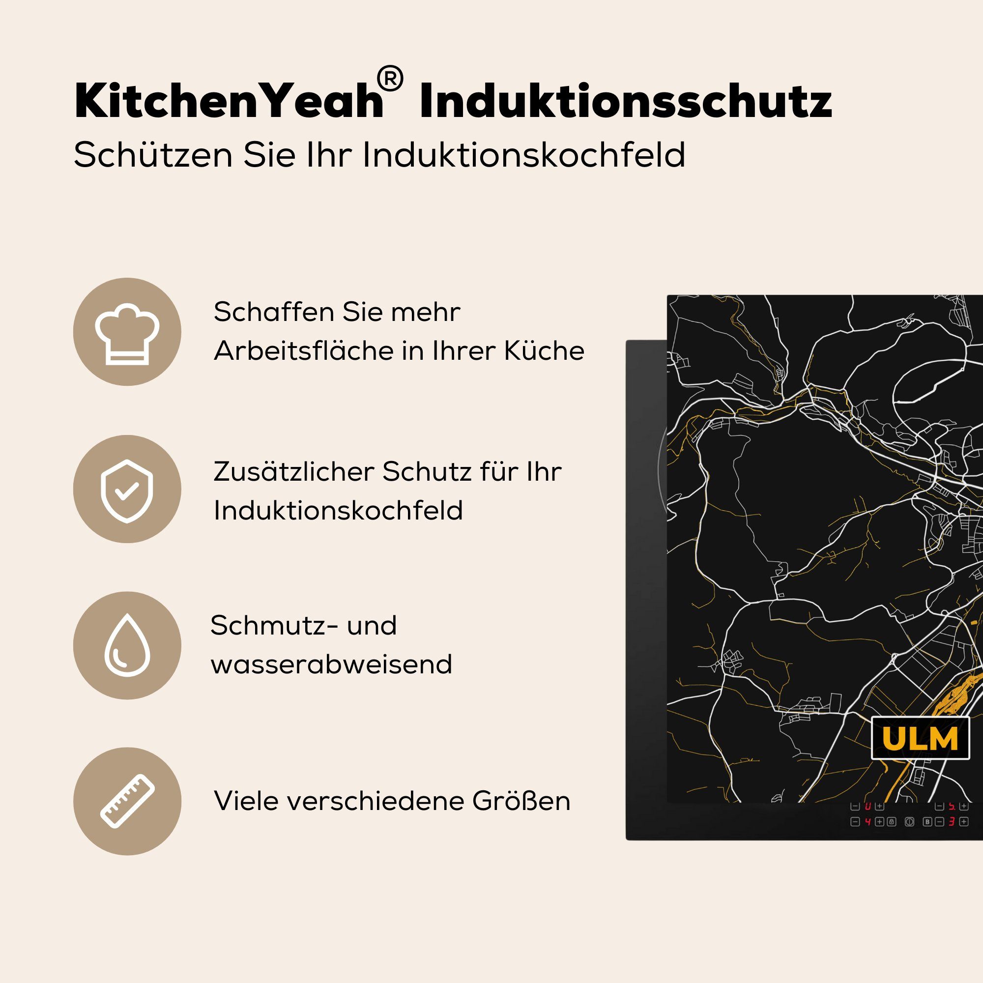 Herdblende-/Abdeckplatte (1 - Gold Deutschland, Arbeitsplatte - Karte Ulm Ceranfeldabdeckung, - küche 78x78 - für Vinyl, tlg), MuchoWow Stadtplan cm,