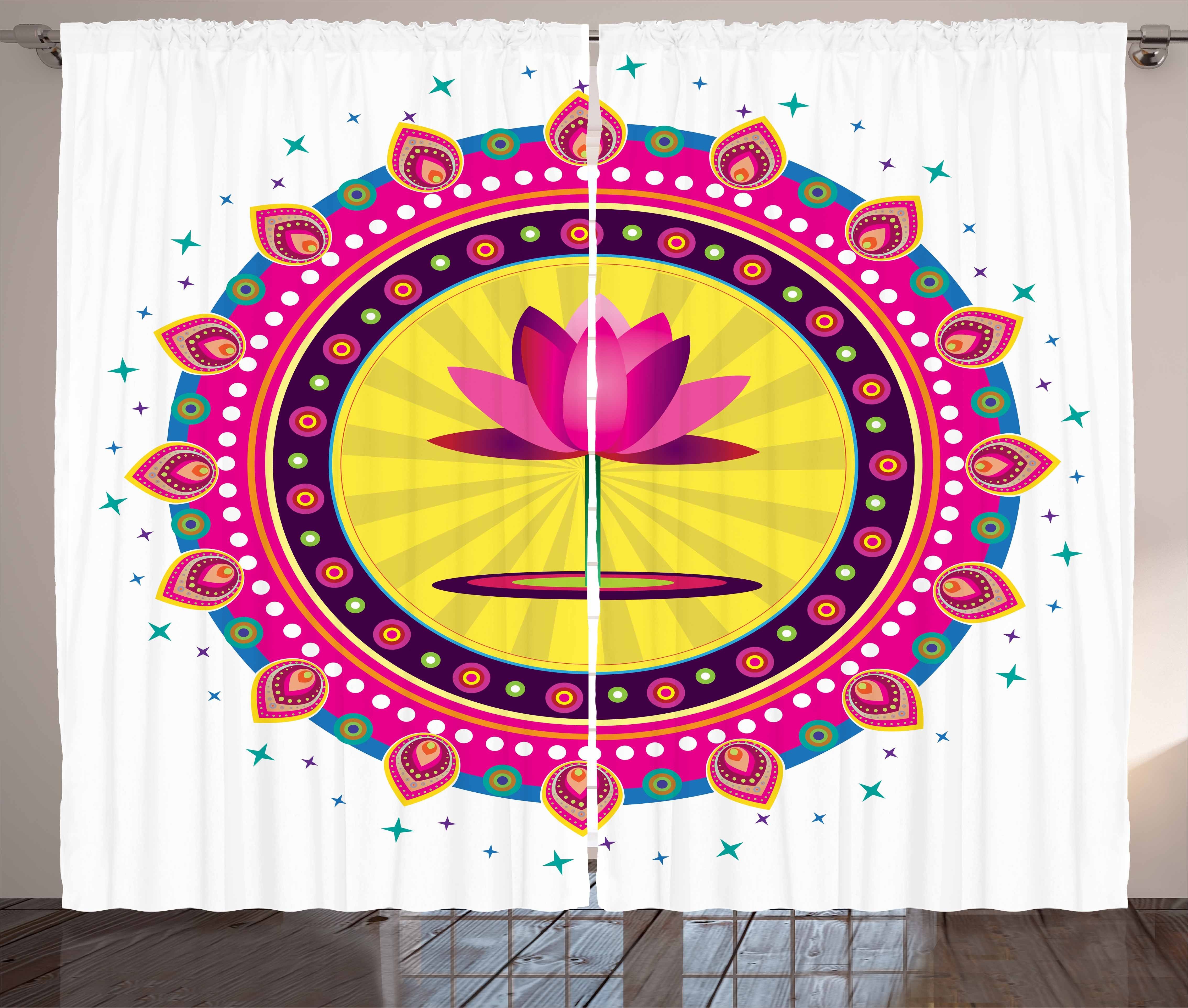 Vorhang mit Boho Gardine Lotus und Blume Schlaufen Schlafzimmer Abakuhaus, Haken, Ornament Kräuselband