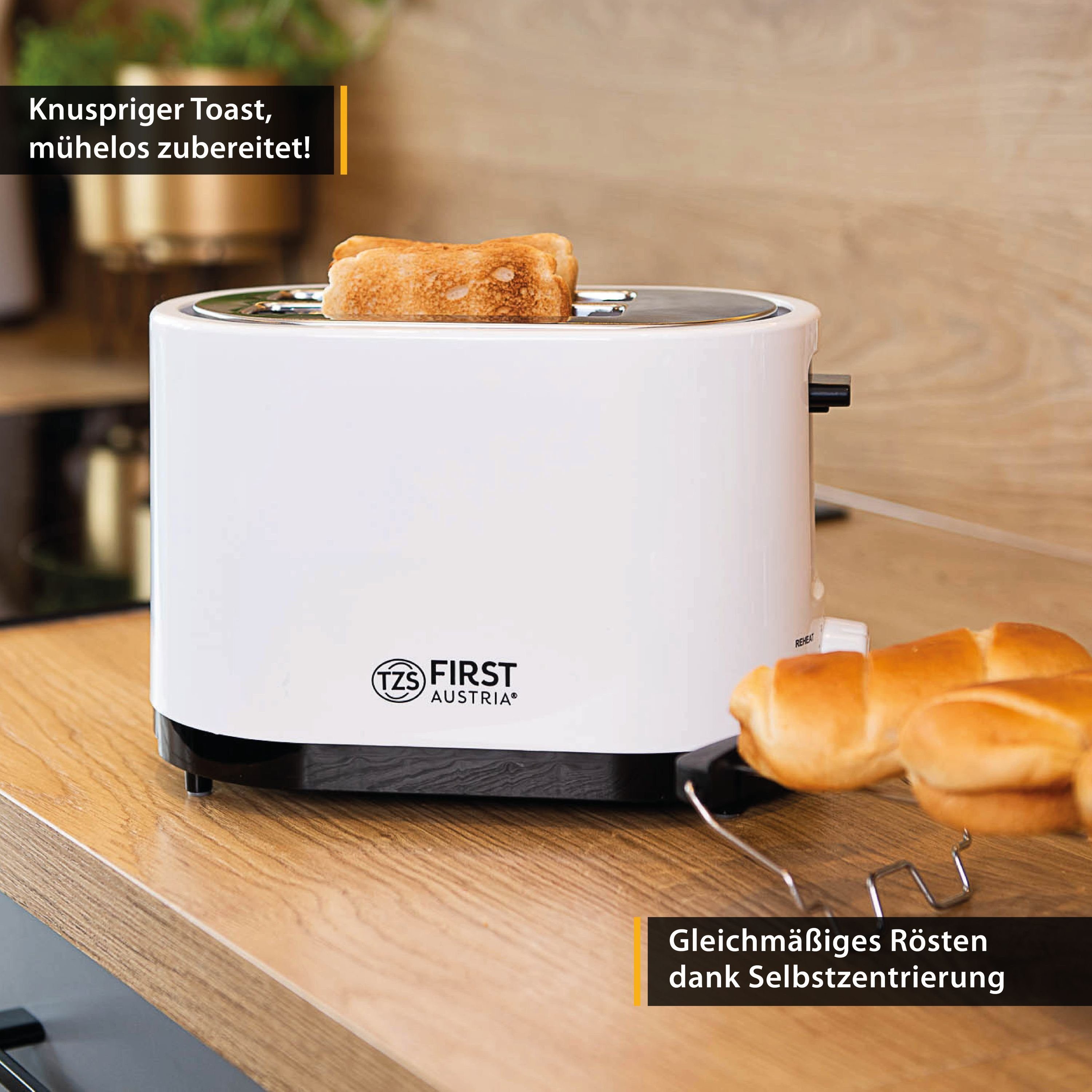 Toaster 750W, 2 Stufen, Warmhalte- Krümelschale 7 2 Scheiben, für Doppel TZS inkl. Kurzschlitz weiß, Auftaufunktion, und AUSTRIA Scheiben, Toaster, FIRST