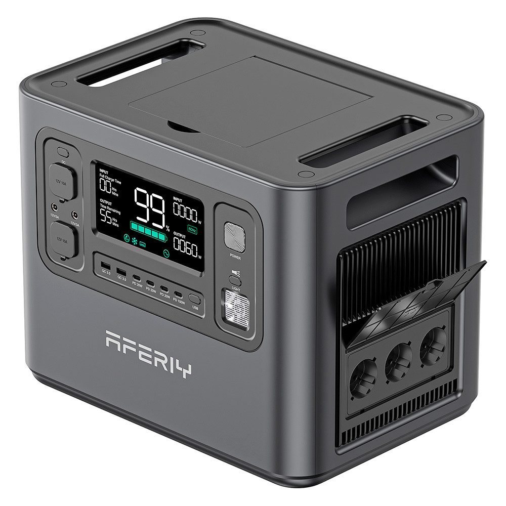 AFERIY Stromerzeuger P210 Tragbare Powerstation, 2400 W AC-Ausgang, 2048 Wh LiFePO4-Akku, 13 Ausgänge, 2-stündige schnelle AC-Nachladung, 500 W Solar-Eingang