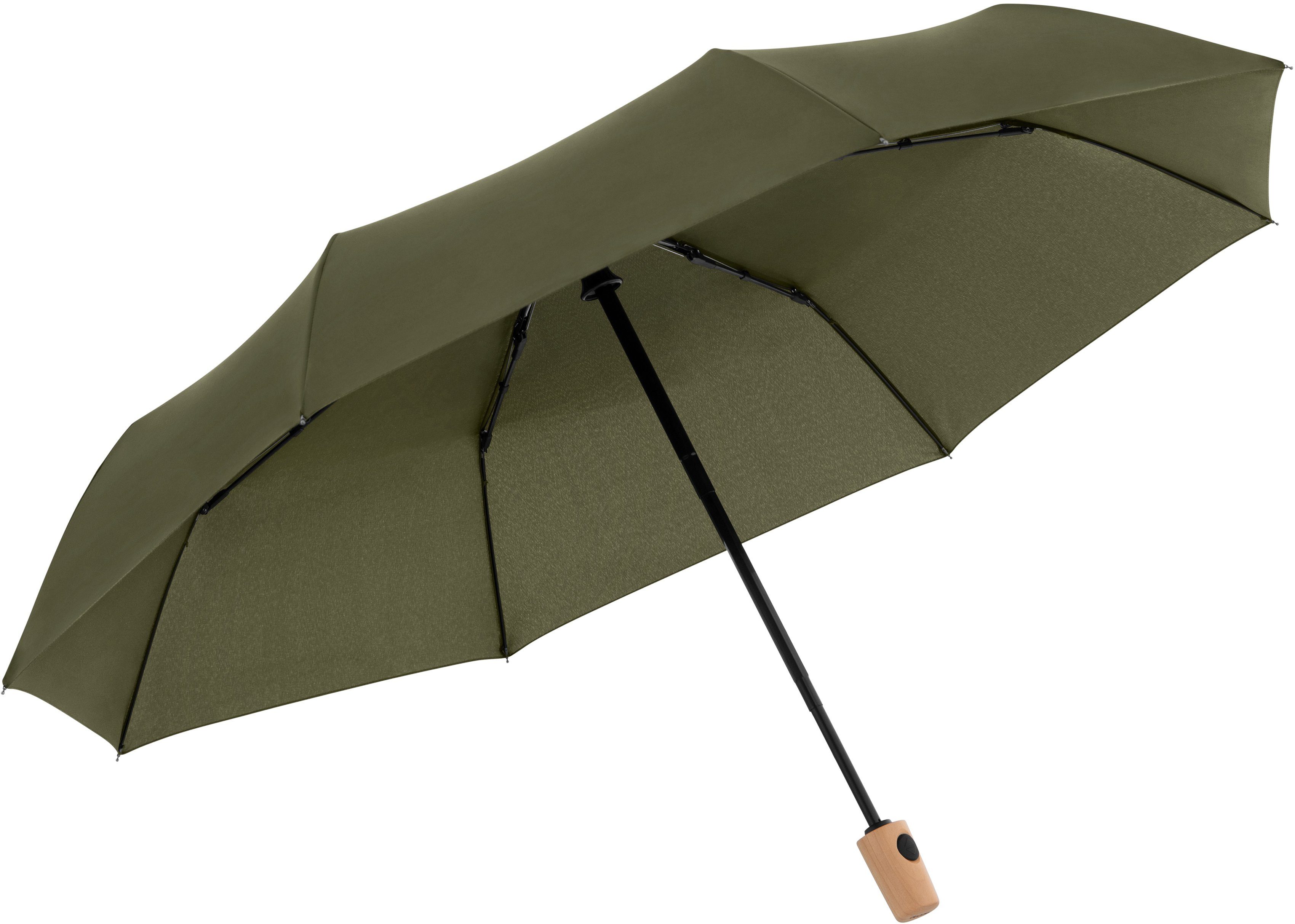 doppler® Taschenregenschirm nature Magic, schützt Material aus aus Wald Griff - recyceltem FSC®- olive, mit weltweit deep
