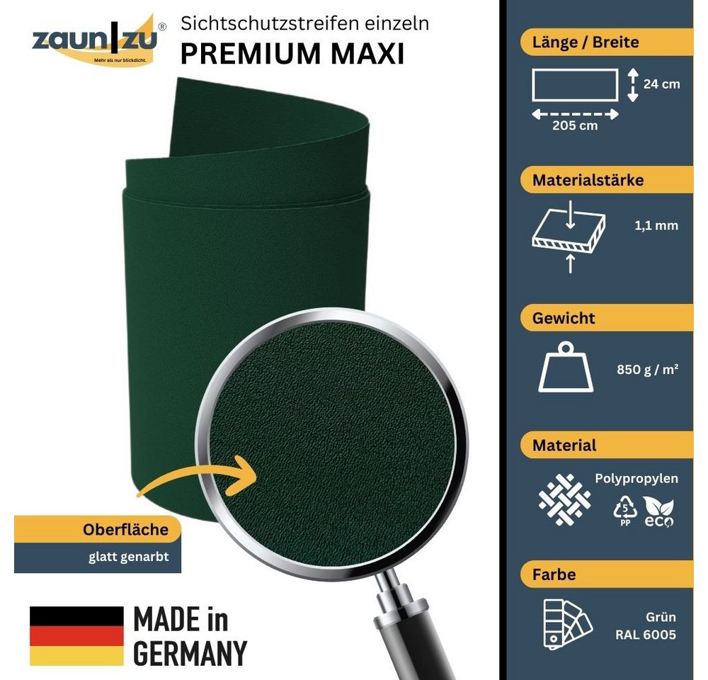 Thumbnail - zaunzu Sichtschutzstreifen Premium Maxi für Doppelstabmatten 24cm hoch Grün 2,05m, (1x Einzelstreifen, 24cm hoch, UV-bes...