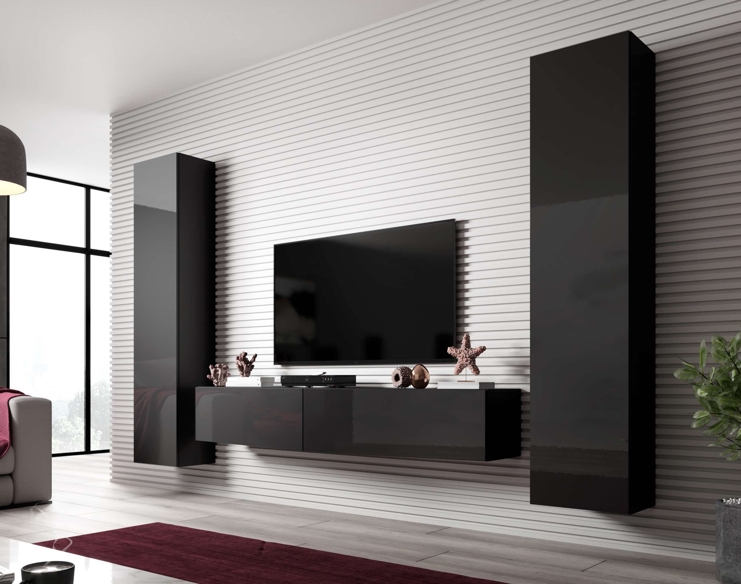 Stylefy Wohnwand Vago SLATE II, (Set (4-St), Wohnmöbel, Wohnzimmer-Set), bestehend aus 2xHängevitrine und 2xHängeschrank, mit Push-to-Open, Modern Design, variabel hängbar Schwarz Matt - Schwarz Hochglanz