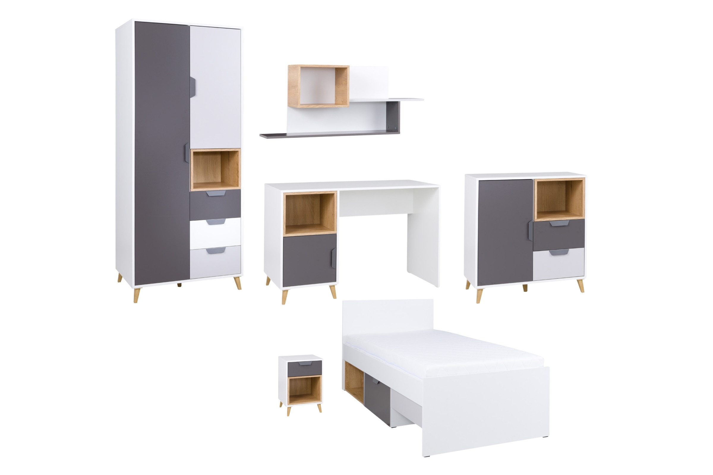 Deine Möbel 24 Jugendzimmer-Set JUSTIN B Kinderzimmer-Set in Weiß Mat / Graphit / Grau / Eiche, (Erweiterbar mit weiteren Möbeln der Serie JUSTIN, 6-tlg., Ideal für Kinder-, Jugend- oder Teenagerzimmer), Kindermöbel Jugendmöbel mit Bett, Kleiderschrank, Schreibtisch & mehr