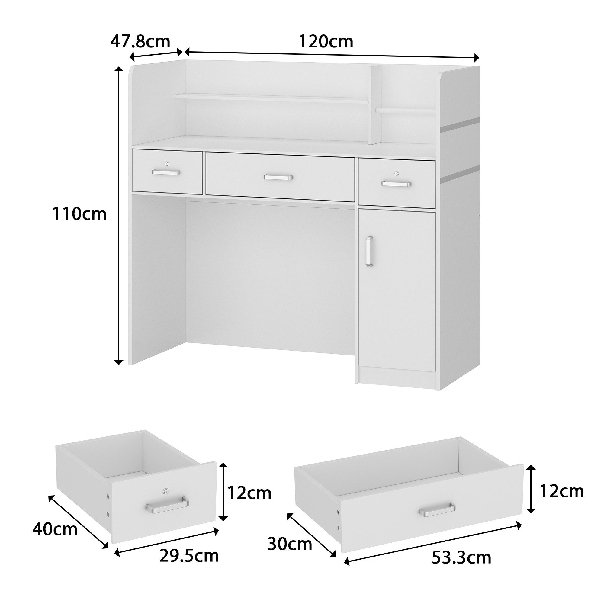 HOMSEE Empfangstheke Weiße Empfangstresen aus MDF 120×48×110 cm (1-St), mit Ablage, 3 Schubladen, Metallstange & individueller Gestaltung