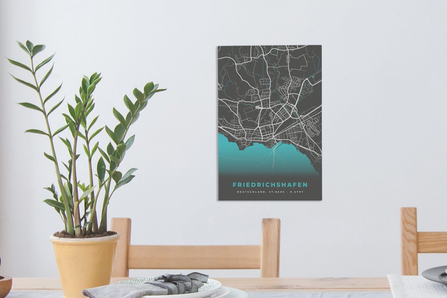 20x30 fertig (1 cm Karte, - Blau Friedrichshafen- OneMillionCanvasses® inkl. St), Stadtplan Deutschlandkarte Leinwandbild - Leinwandbild Gemälde, bespannt Zackenaufhänger, -