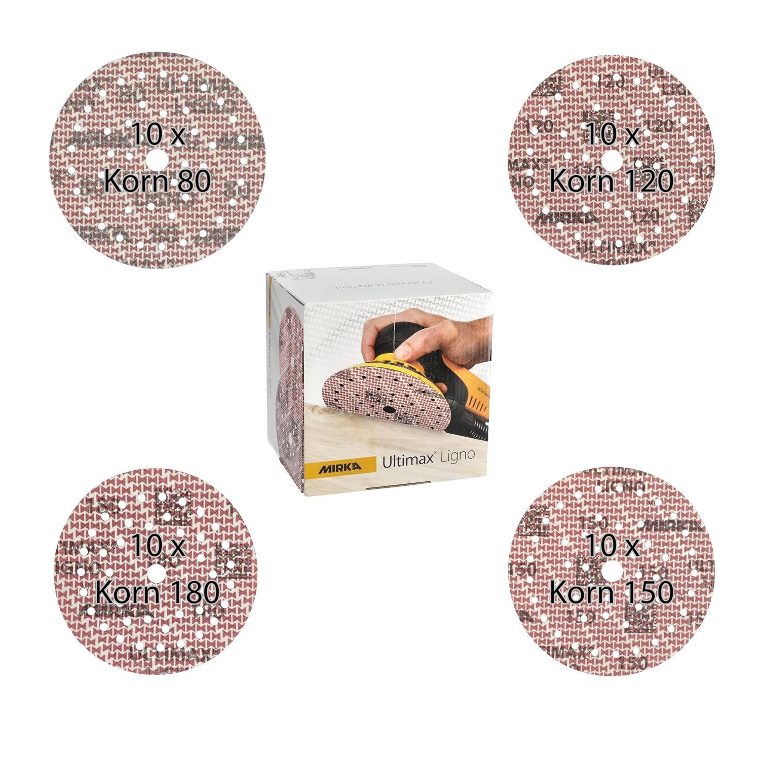 Mirka Schleifscheibe Ultimax Ligno, (40 St), Ø 150 mm, Mix-Pack 80/120/150/180, je 10 Stk
