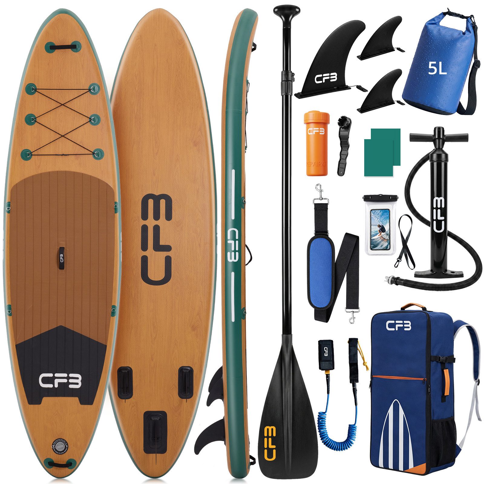 CFB SUP-Board Set 320x84x15 cm, 160 kg Traglast, extra breites iSUP in Holzoptik, aufblasbares Stand Up Paddle Board, (Inflatable SUP-Board, 12 tlg., Komplett-Set mit Alu-Paddel, Pumpe, Rucksack, 5L Dry Bag, Schultergurt), Das kipp-sichere Allround-Board für Anfänger & Familien