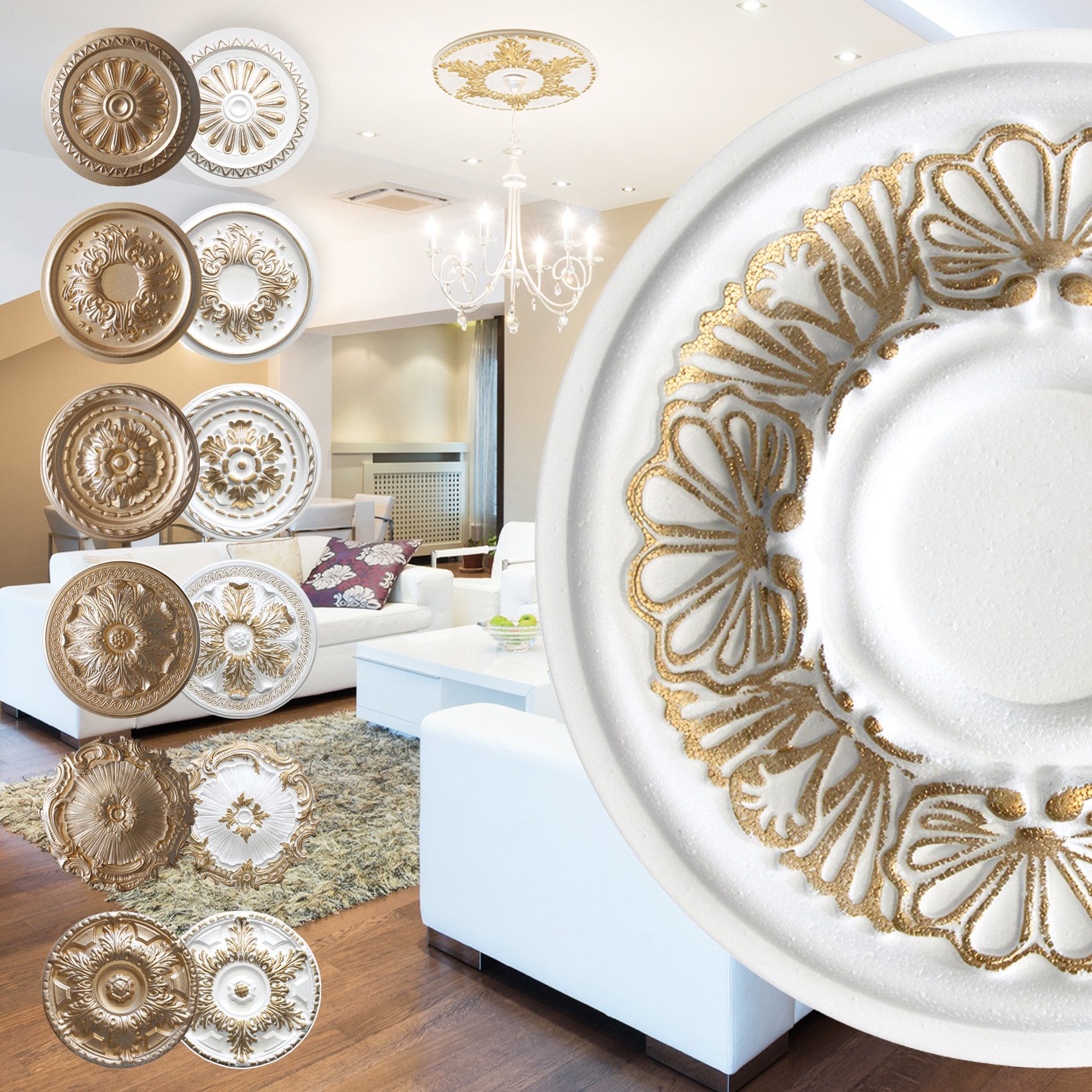 marbet design Decken-Rosette (Stuckrosette aus EPS Styropor, Zierelement, Stuck (gold) Innendekoration Dekor rund)