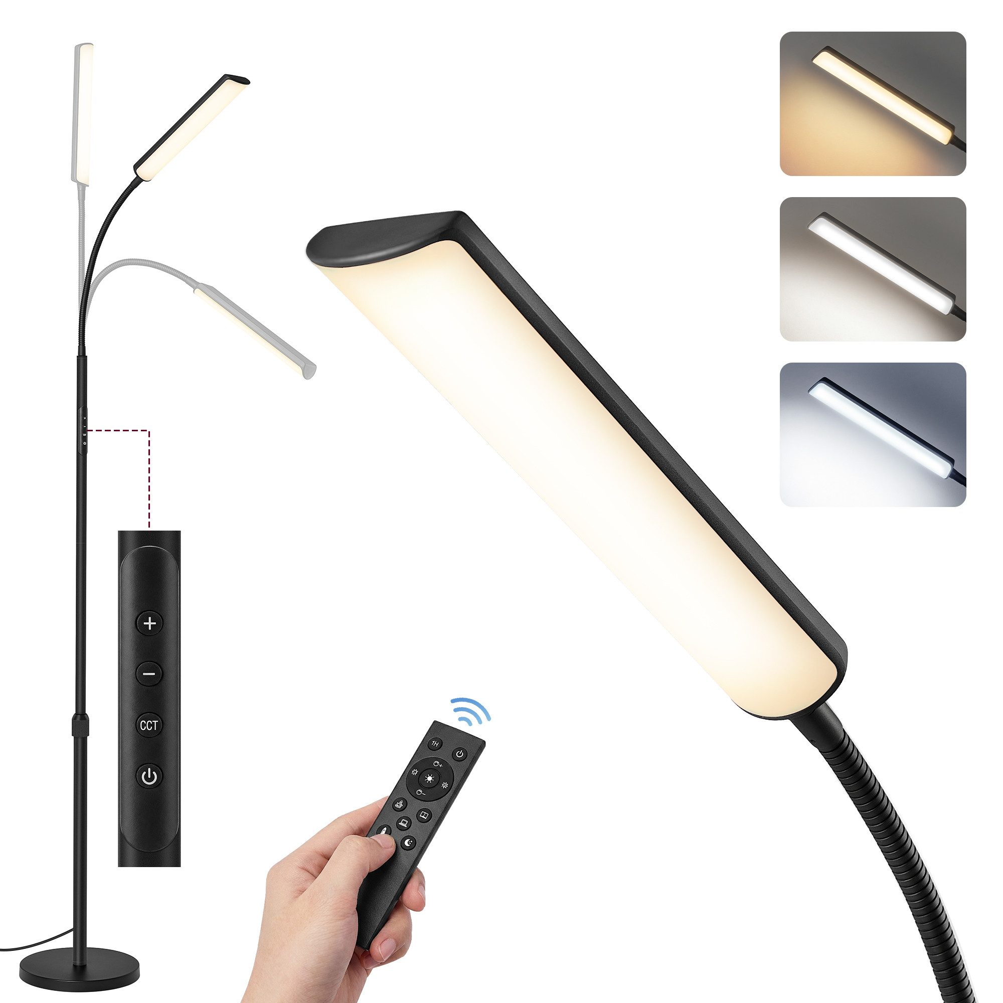 VASAGLE Stehlampe Stehleuchte, Leselampe, 141-175 cm höhenverstellbar, 360° drehbarer Schwanenhals, Timer- und Memory-Funktion, Fernbedienung