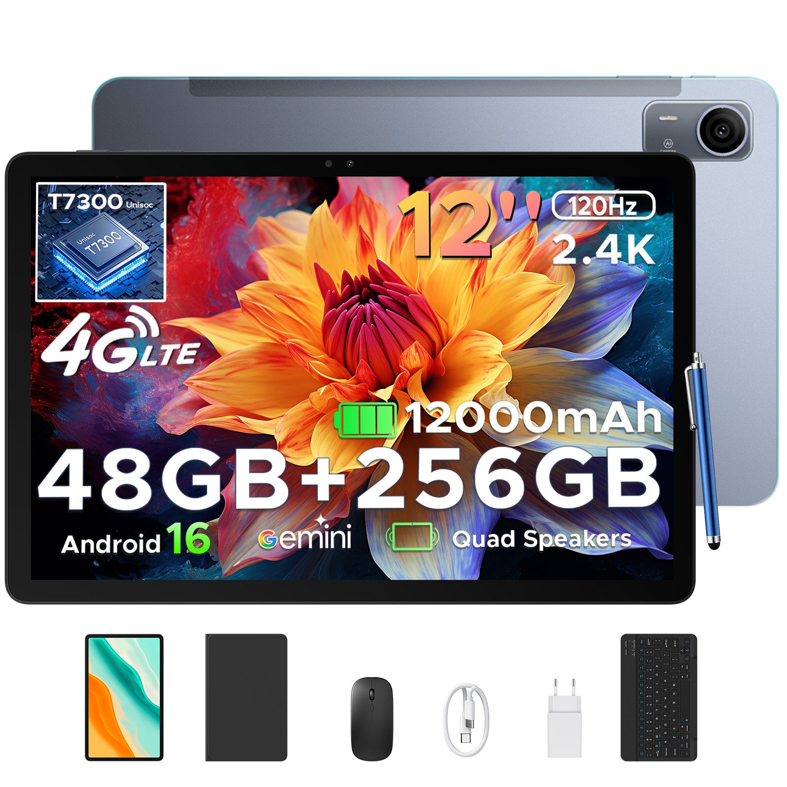 POCKAM P12 Pro tablet 12 zoll 4G SIM Android 16 Tablet mit Tastatur 12000mAh Tablet (12", Android 16, Wifi, Unisoc T7300 Octa-Core, 13MP+8MP, Face ID, 4G LTE, 12GB+256GB/2TB)