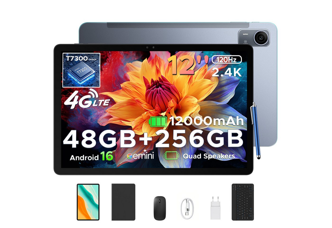 POCKAM P12 Pro tablet 12 zoll 4G SIM Android 16 Tablet mit Tastatur 12000mAh Tablet (12", Android 16, Wifi, Unisoc T7300 Octa-Core, 13MP+8MP, Face ID, 4G LTE, 12GB+256GB/2TB)