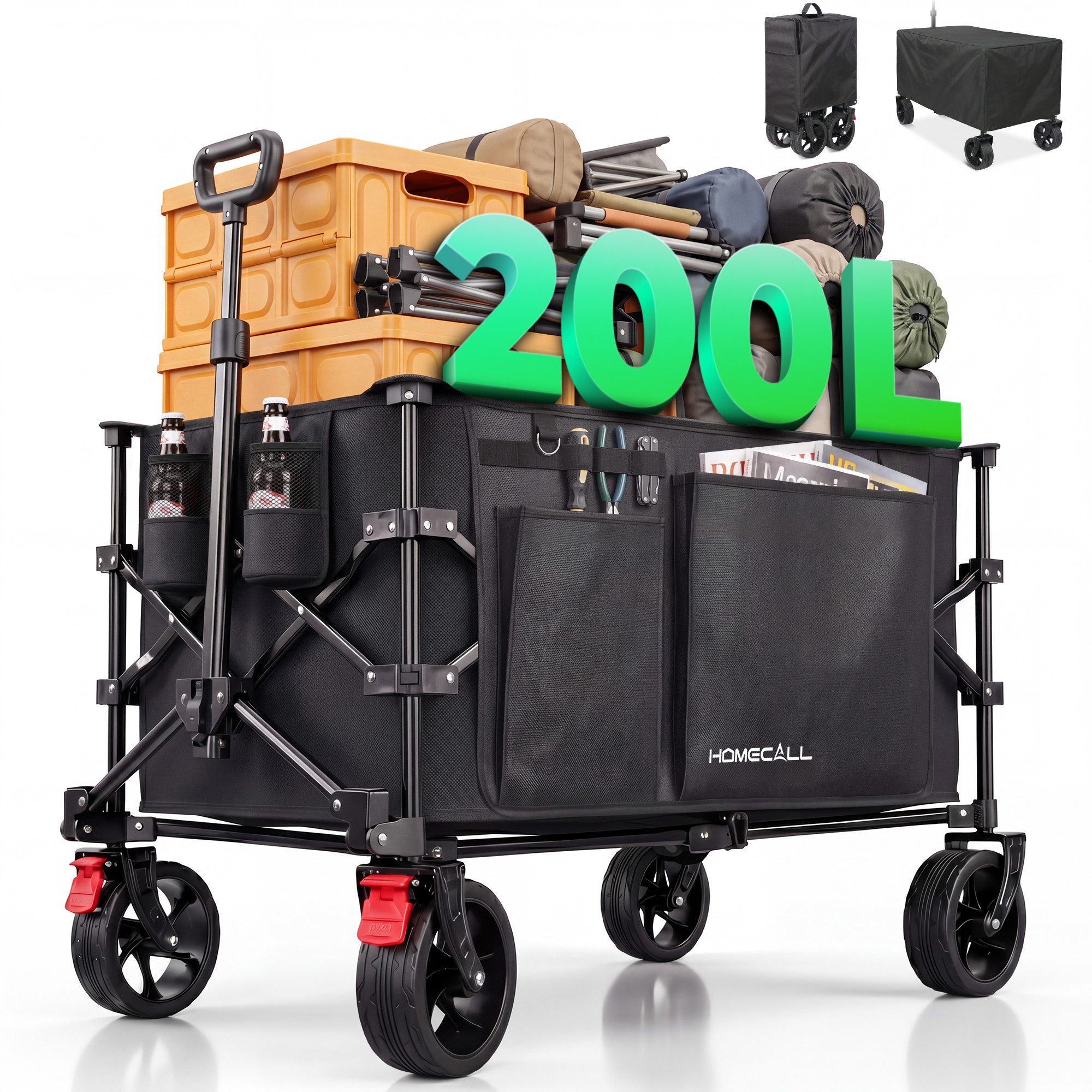 HOMECALL Bollerwagen Handwagen 200L XXL-Volumen mit praktischer Kühltasche (Strandwagen Klappbar Transportwagen), Für Einkaufen, Camping, Garten, Dogs