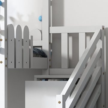 PHOEBE CAT Etagenbett (Hochbett 90x200 mit zwei Schubladen), Kinderbett Hausbett mit Treppe, Rausfallschutz und Lattenrost, Kiefer