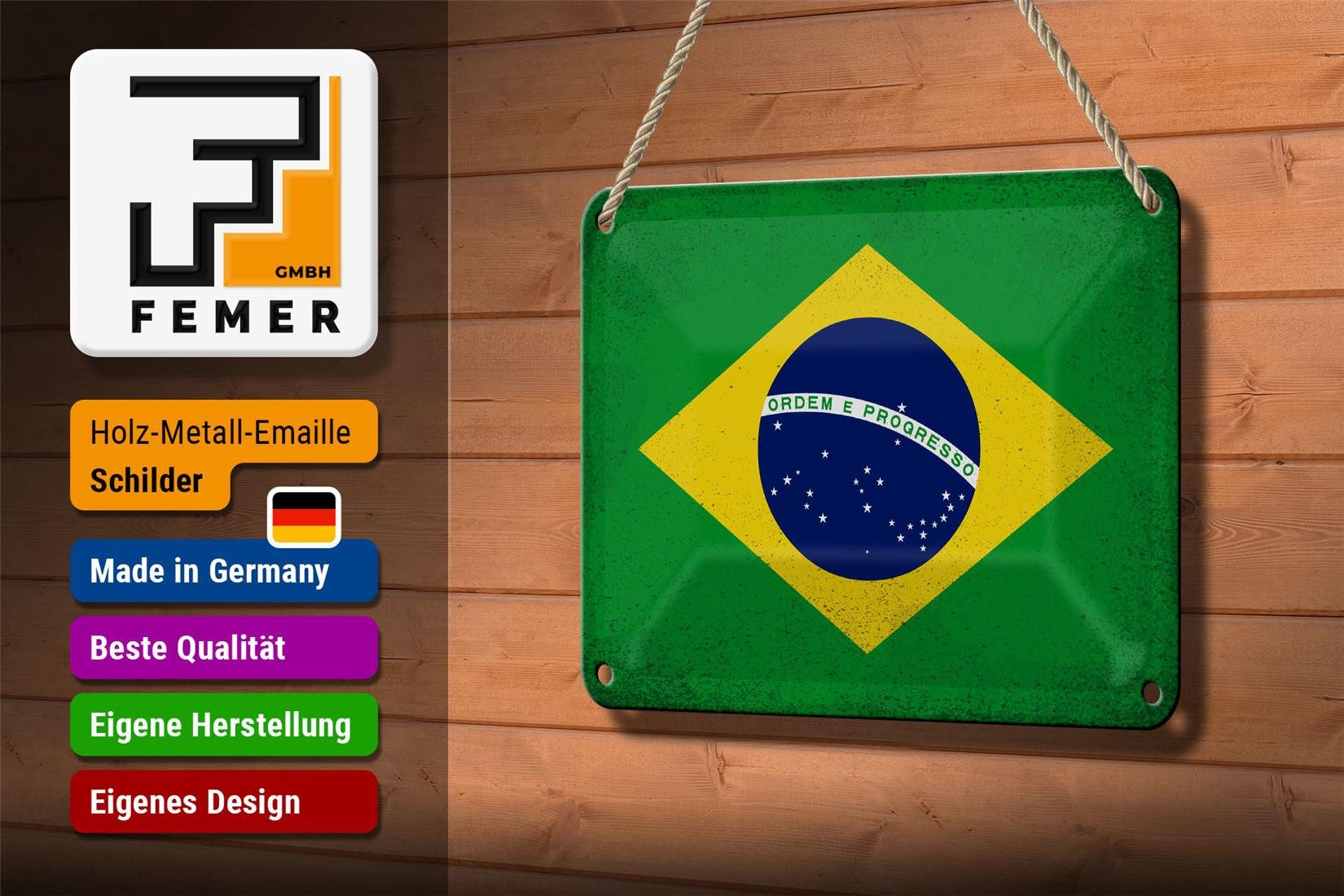 Femer GmbH Metallschild Flagge Brasilien 18x12cm Flag of Brazil Vintage, (1 St), gewölbte Oberfläche, abgerundete Ecken, umgeschlagene Kanten