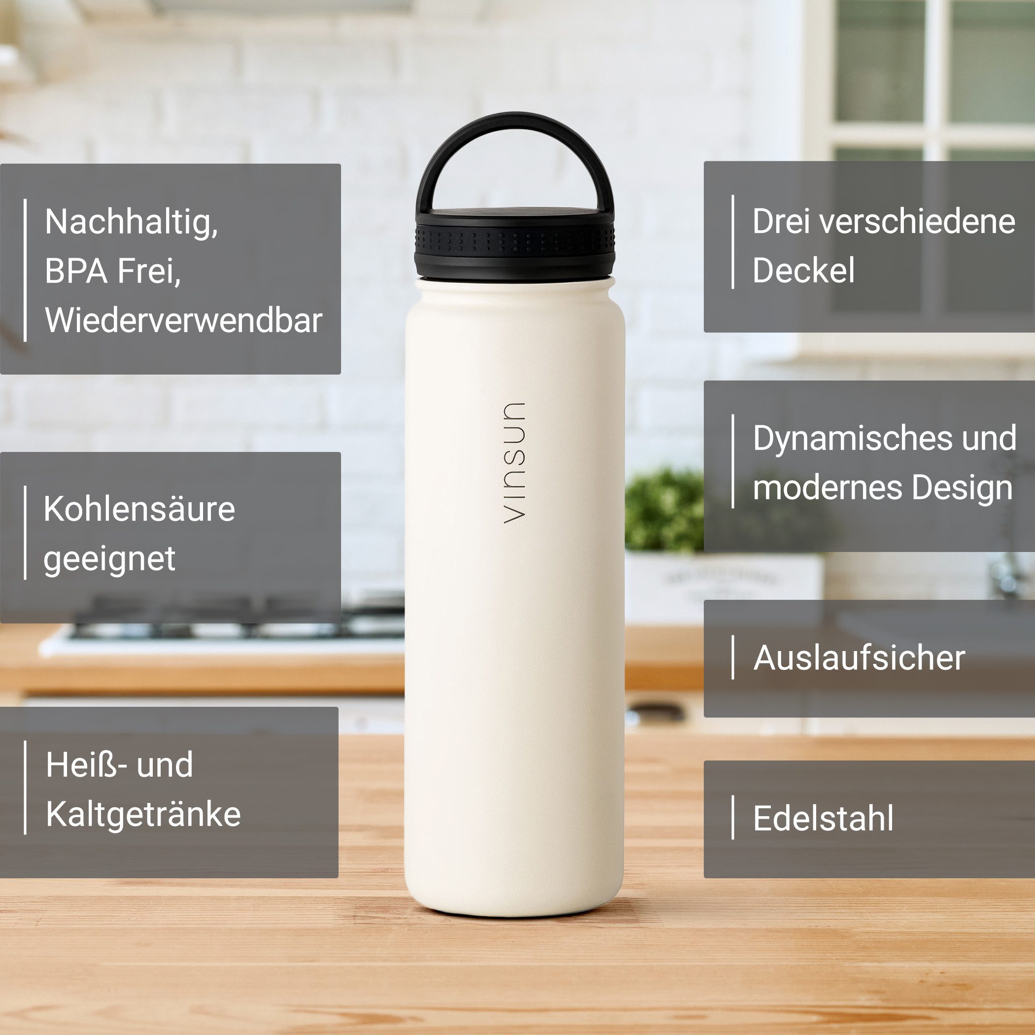 Vinsun Isolierflasche Edelstahl Trinkflasche 500ml, 3 Deckel, auslaufsicher, doppelwandig, 3 Deckel - Strohhalm, Trinköffnung, Schraubverschluss