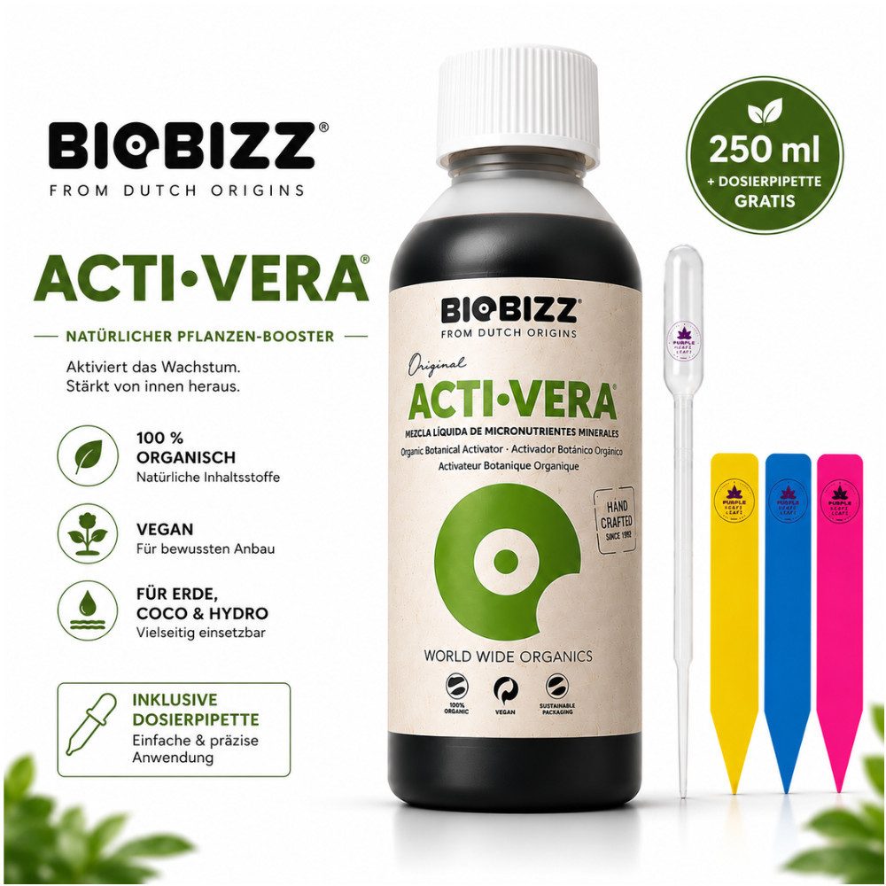 Biobizz Pflanzendünger Biobizz Acti·Vera, Inklusive Dosierpipette und 3 Pflanzenschildern (Farbe zufällig), Pflanzentonikum, vegane Formel, natürliche Pflanzenpflege