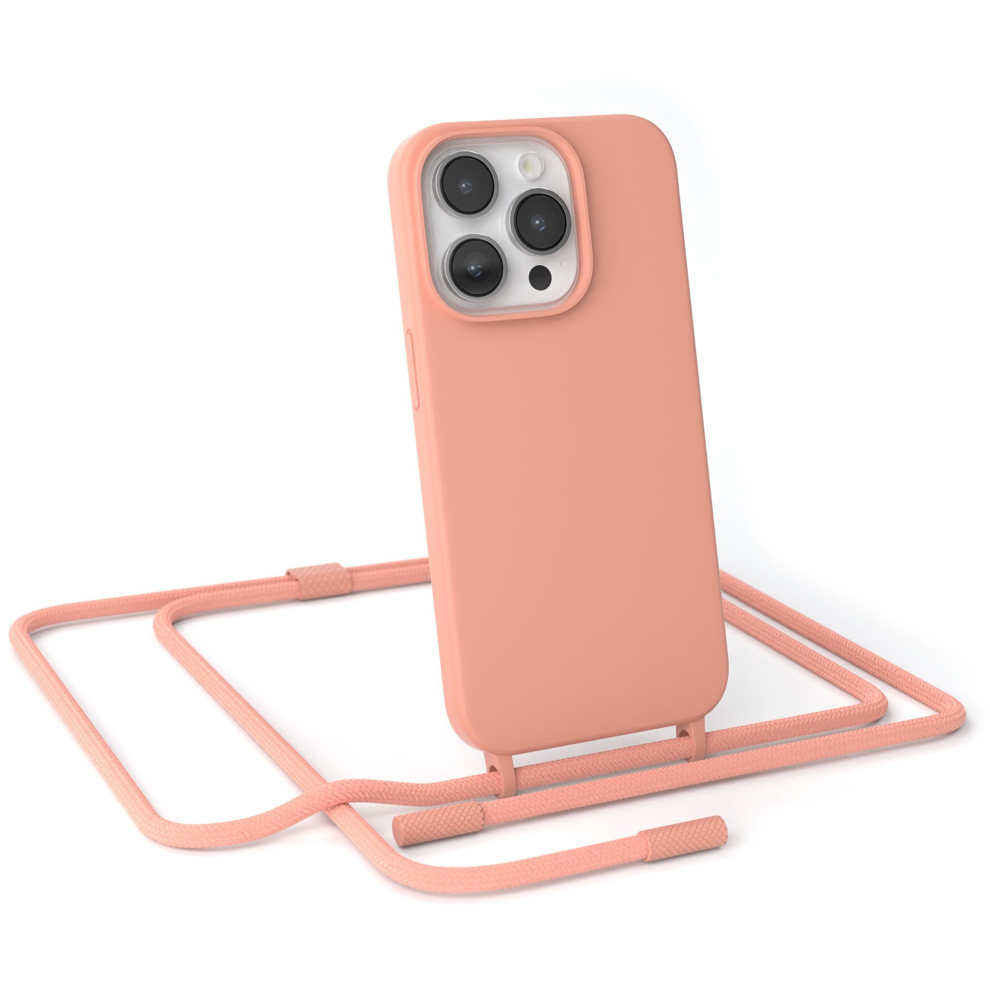 EAZY CASE Handykette Runde Kette für Apple iPhone 14 Pro 6,1 Zoll, Hülle mit Band 2in1 Handyband Etui Case mit Kordel Altrosa Koralle