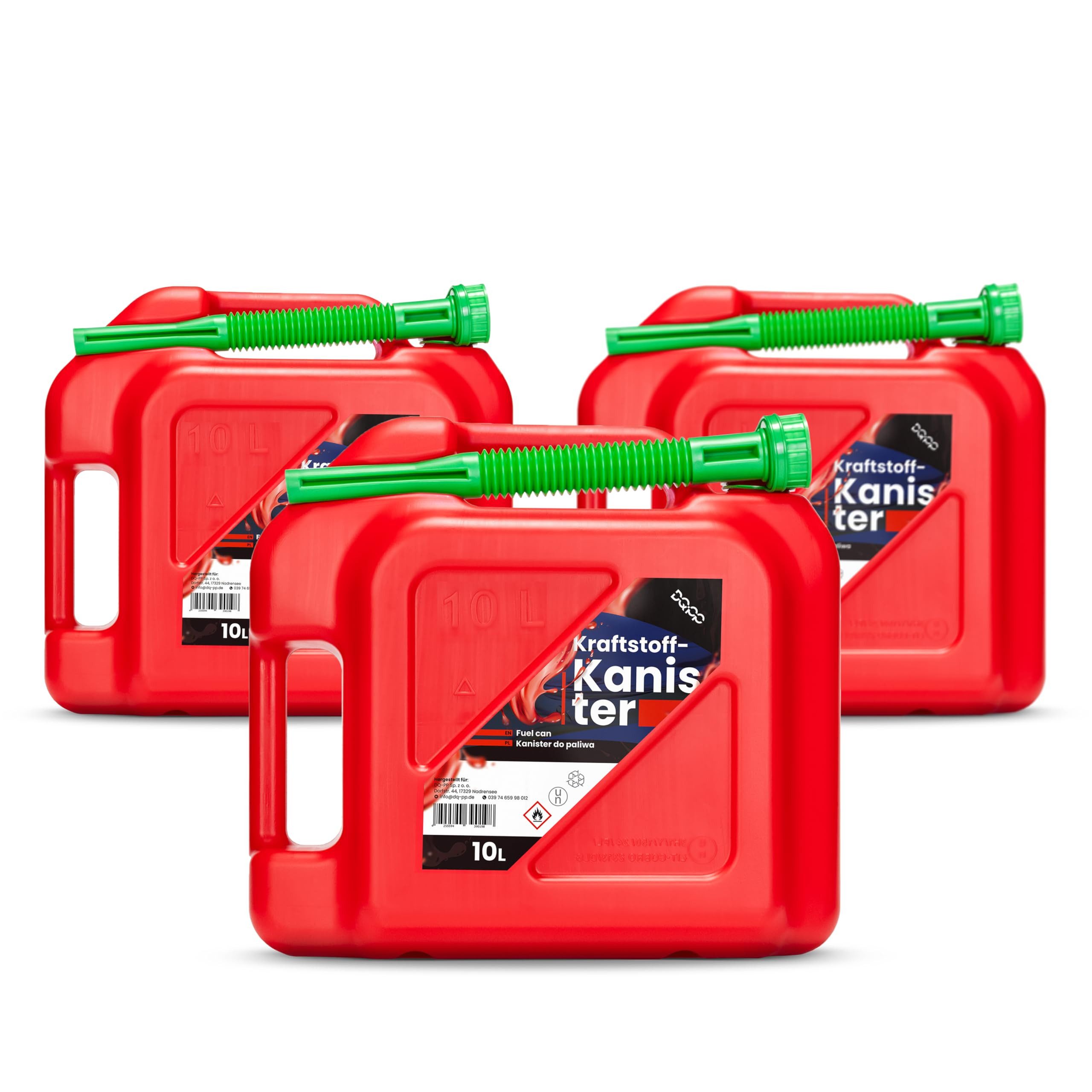 DQ-PP Benzinkanister DQ-PP 3x Kraftstoffkanister mit flexiblem Ausgießer, 10 Liter, Rot, Benzinkanister, Reservekanister, UN-Zulassung Dieselkanister