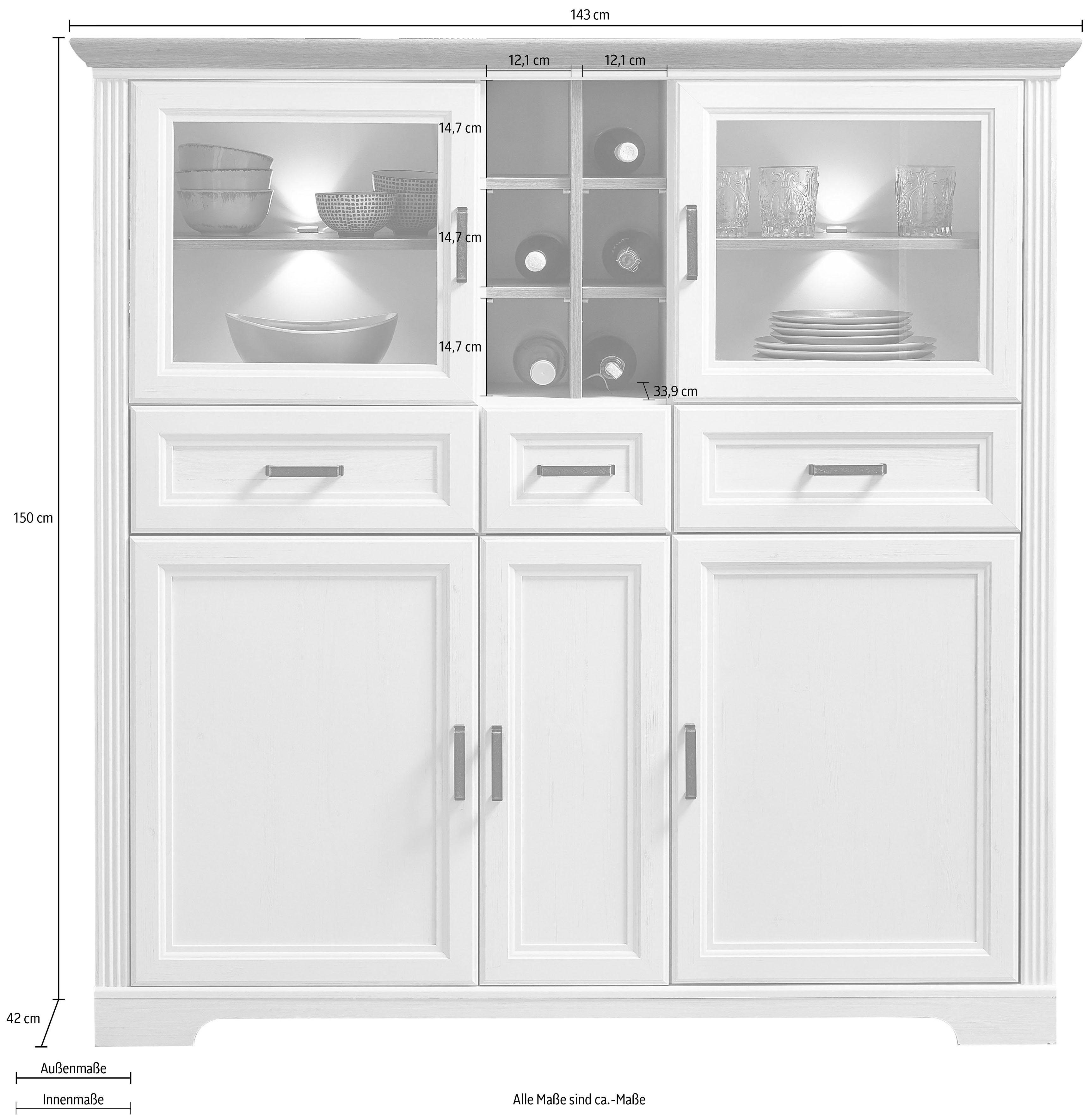 Innostyle Highboard Jasmin, 2 Glas-/Holztüren, 8 offene Fächer, inkl. LED-Beleuchtung