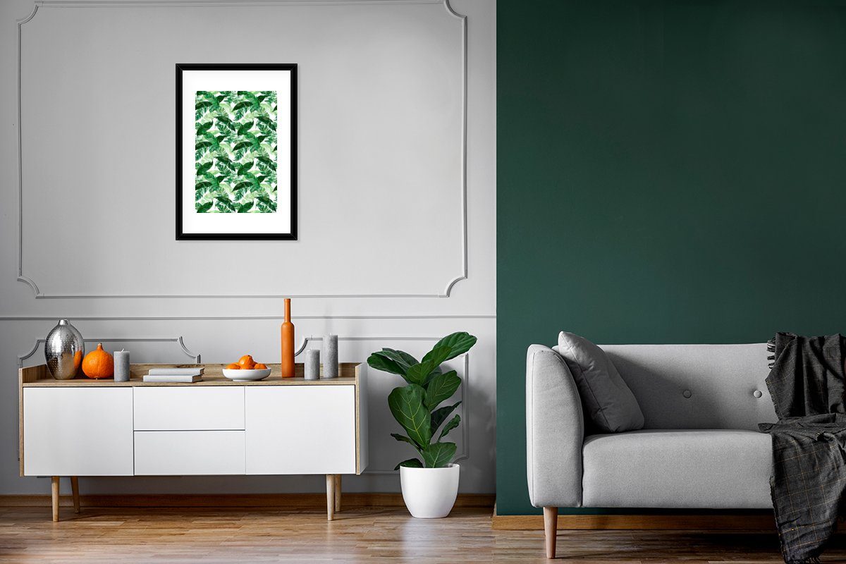 Poster, Blätter, Poster Schwarzem (1 Rahmen, St), Gerahmtes Bilderrahmen Kunstdruck, - Grün - MuchoWow Blumen mit