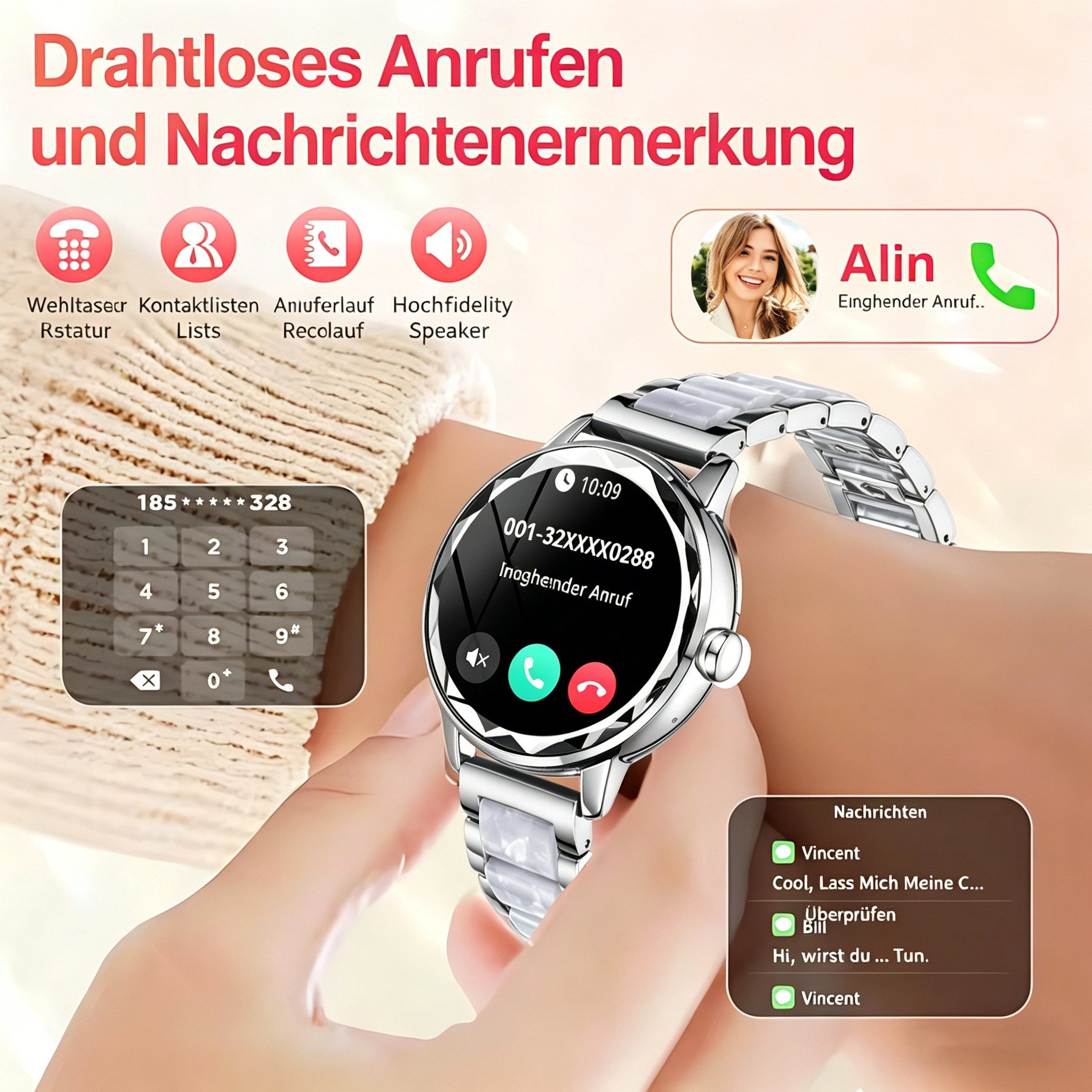 Vornix 2026 Neues Smartwatch Damen, Fitness Uhr mit Anruffunktion Smartwatch Smartwatch (Fitnessuhr mit Telefonfunktion/WhatsApp Notiz,Smartwatch Fitness Tracker Uhr IP68 Wasserdicht,1.2" HD Voll Touchscreen Fitnessuhr Tracker mit Blutsauerstoff/Pulsmesser/Sportuhr/Schrittzähler/Schlafmonitor Aktivitätstracker usw für iOS/Android Uhren Watch cm)