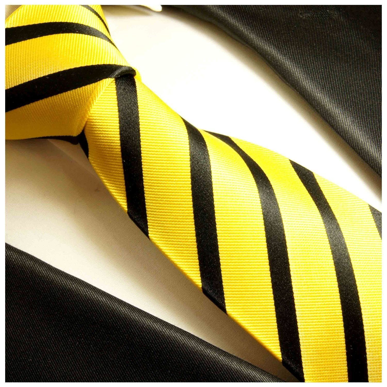 Einstecktuch) 979 2-St., Krawatte Seide gelb und mit Paul 100% Krawatte Herren Breit Tuch gestreift Seidenkrawatte (8cm), Malone schwarz (Set,