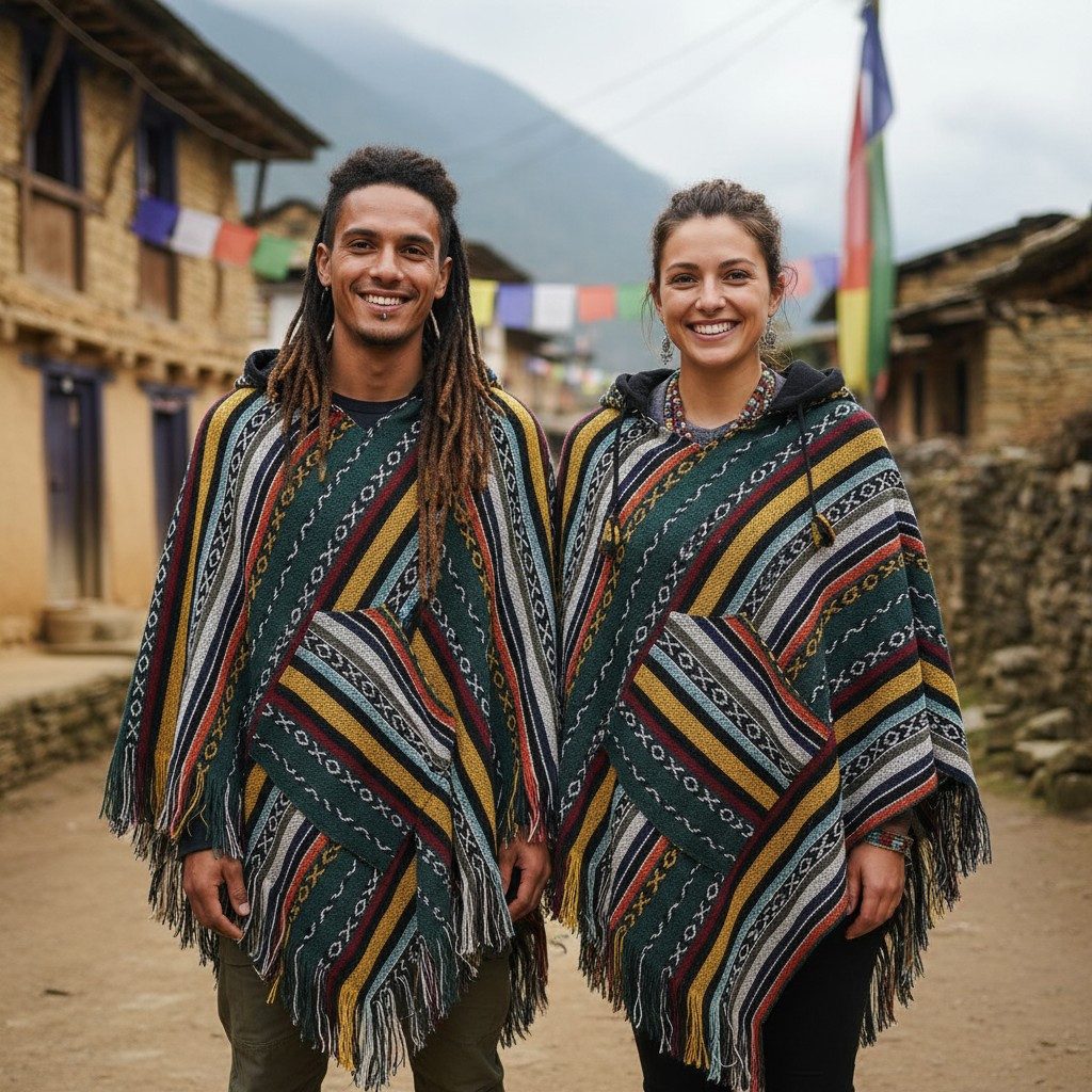 Guru-Shop Strickjacke Unisex Poncho Hippie chic, Andenponcho mit.. alternative Bekleidung