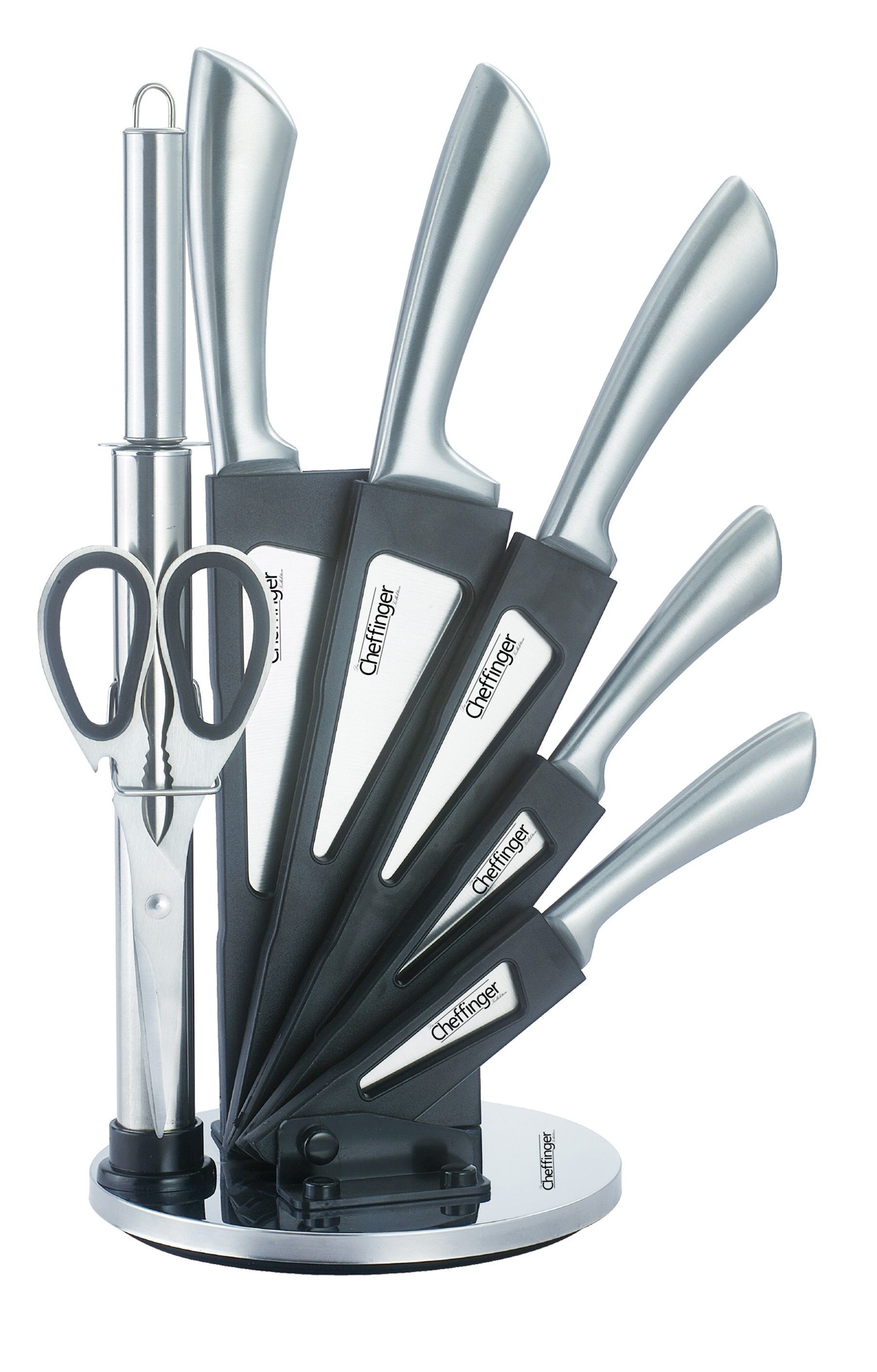 Cheffinger Messer-Set 8-teiliges Profi Messer-Set Messerblock sehr hochwertiges Selbstschärfen Messer Küchenmesser Set Kochmesser Edelstahl Silber