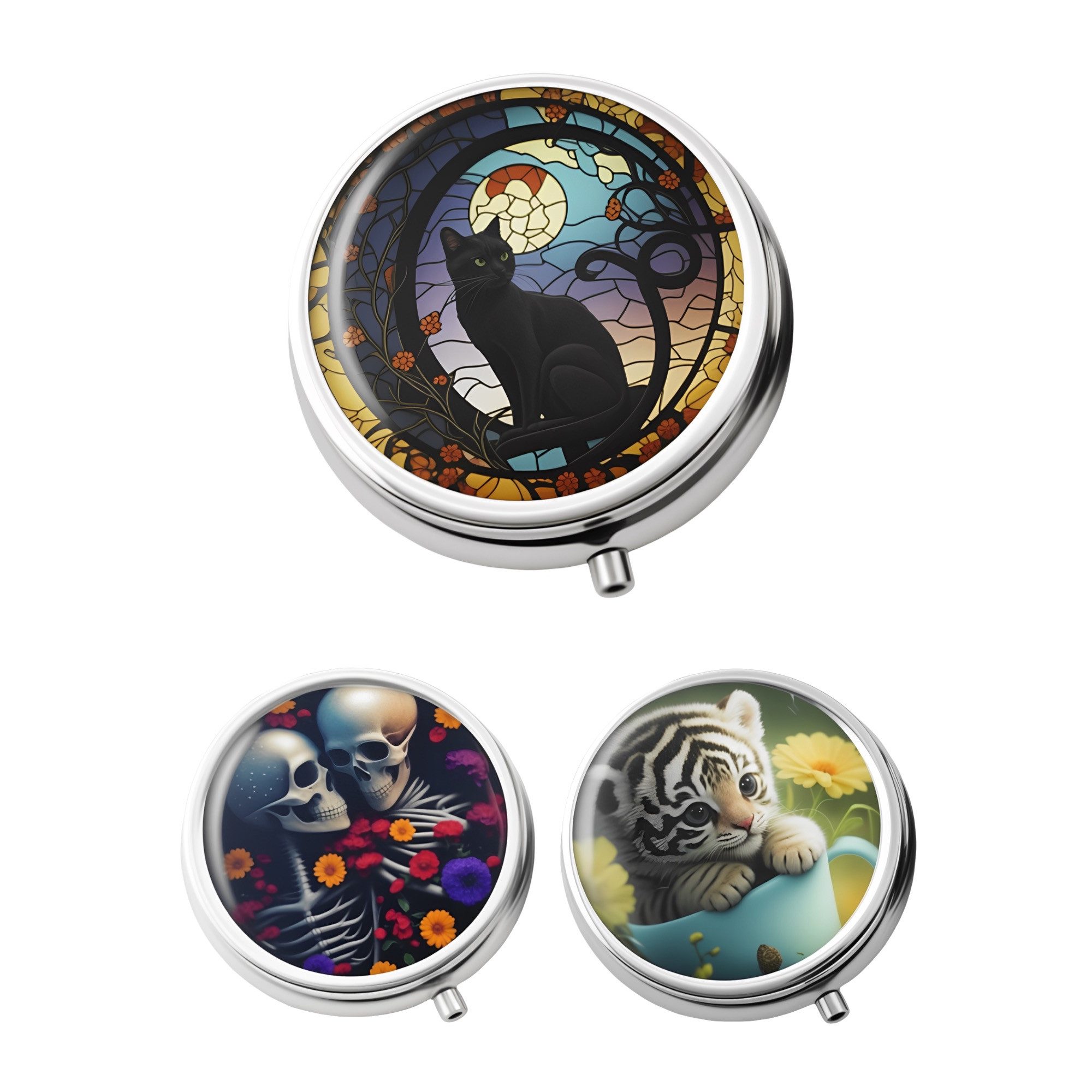 The Beauty House Pillendose Runde Pillendose mit Tier- und Fantasy-Motiven, Kompakte Medikamentenbox aus Metall mit 3-Fach-Einteilung & Spiegel